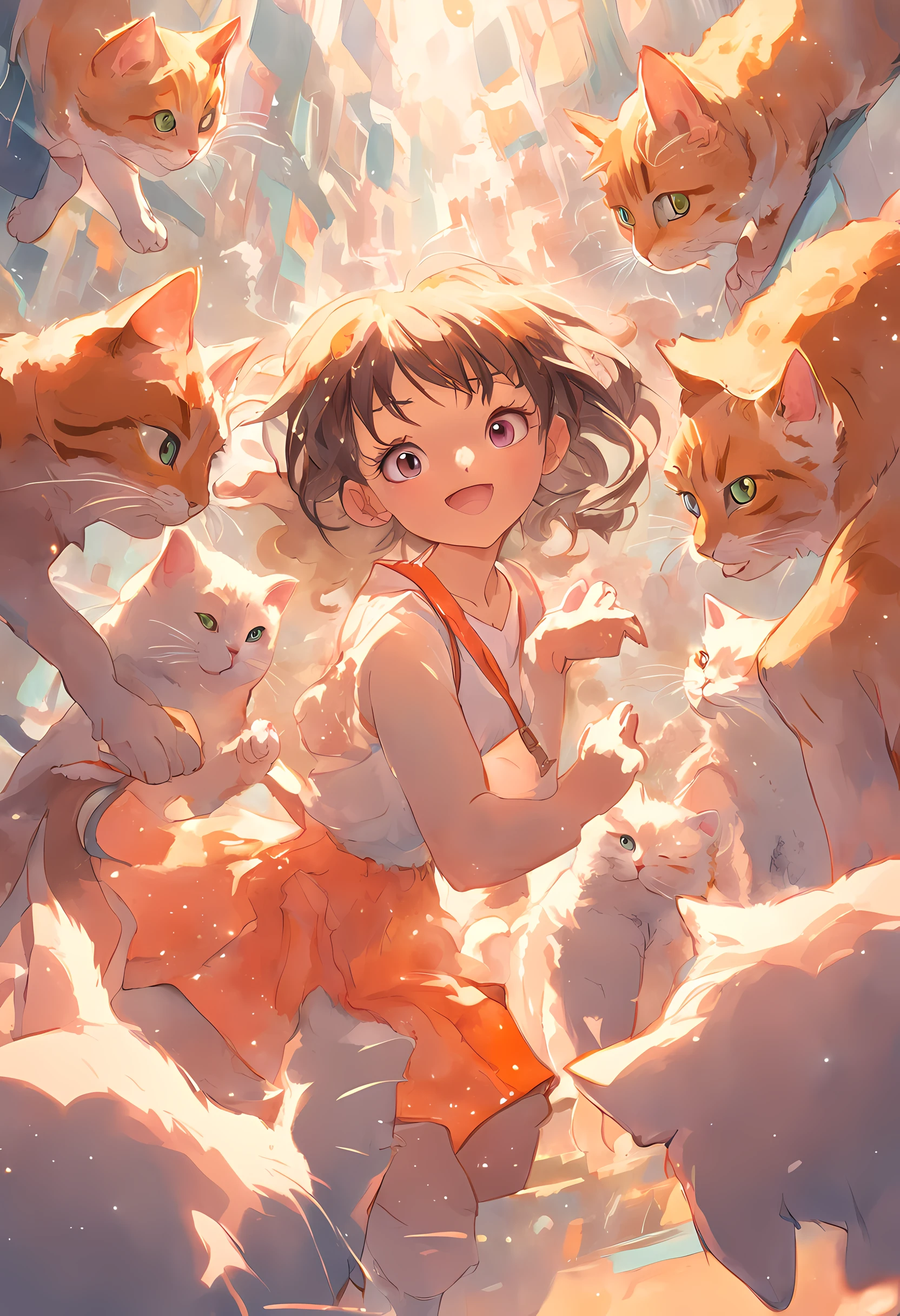 children's story, menina que ama gatos, menina de 8 anos rodeada de gatos, Illustration in vivid and colorful style, Sunny scenery, happy and lively expressions, olhos brilhantes e curiosos, cabelos castanhos cacheados, colored ties in the hair, delicate and smooth drawing strokes, uso de cores vibrantes, texturas detalhadas nos pelos dos gatos, environment full of fun and joy.