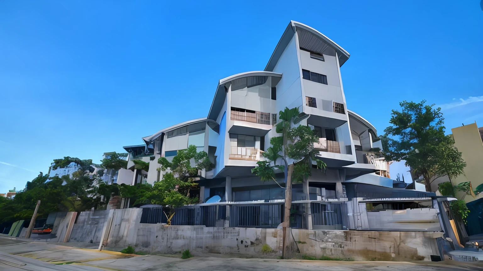 there is a large building with a lot of windows on it, mid-view, front-view, wide angle exterior 2022, frontview, seen from below, view from ground level, view from below, viewed from the ground, exterior view, view from ground, full - view, residential, arhitectural shot, view from bottom, outside view