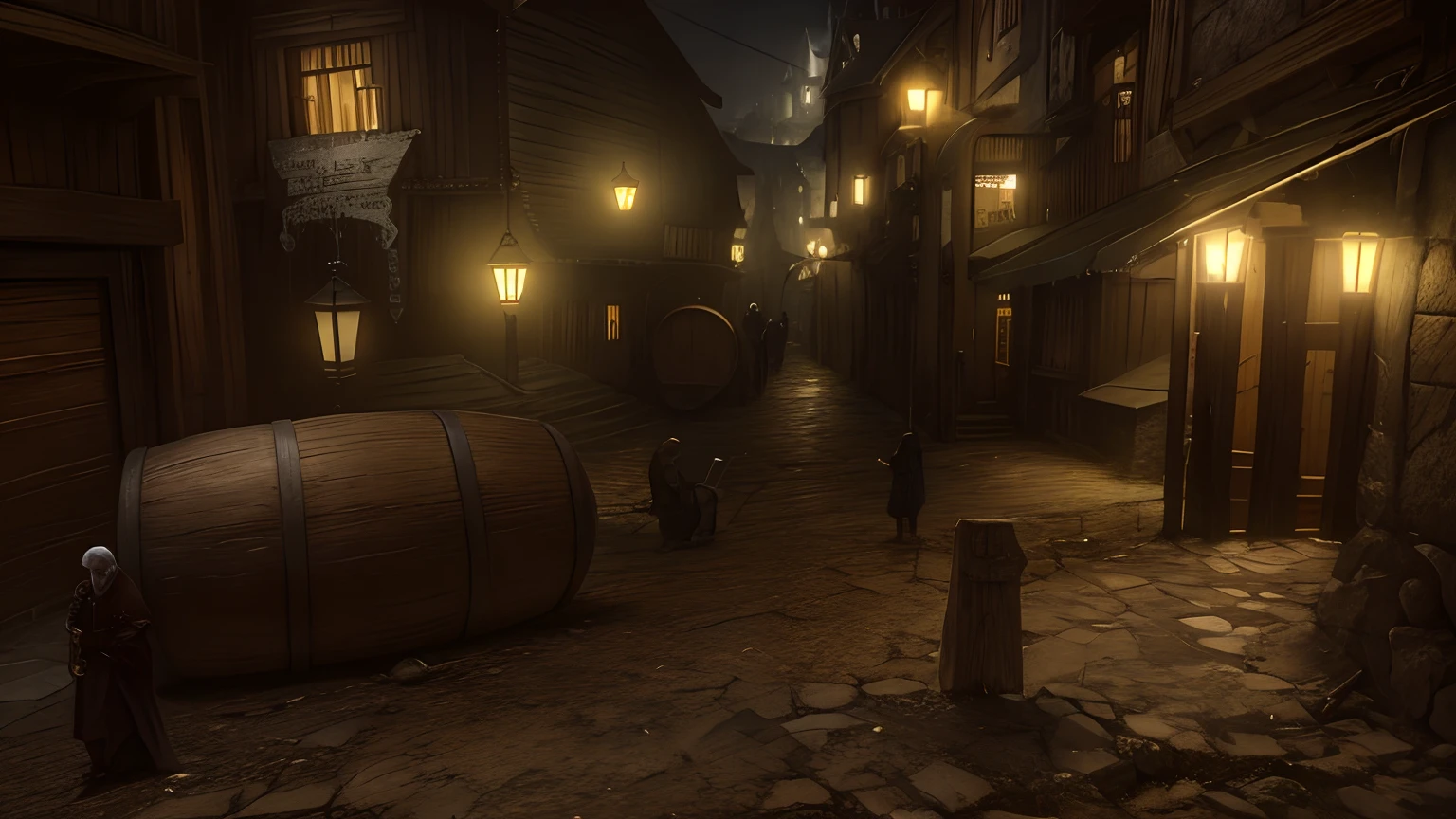 Vista ararísta, de uma rua com um barril e um homem ao lado, As ruas de Baldur's Gate, Riften City ao fundo, Cidade de Vivec, tabernas estilo de vida nocturno, Whiterun no estilo da Pixar, a bustling magical town, Mordor como uma cidade movimentada, cidade medieval, Muitos NPCs nas ruas