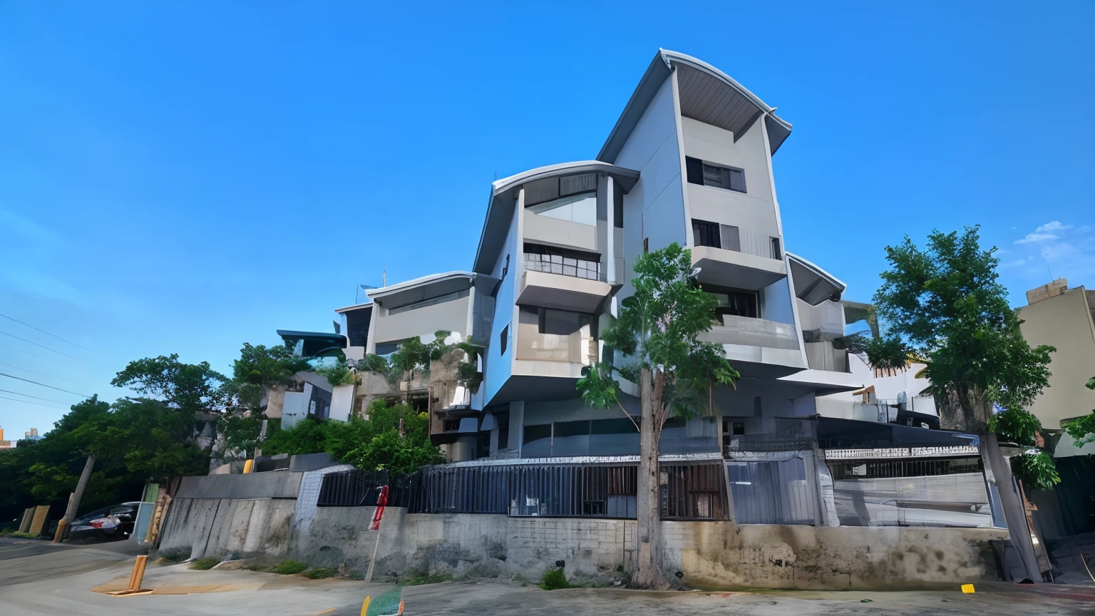 there is a large building with a lot of windows on it, mid-view, front-view, wide angle exterior 2022, frontview, seen from below, view from ground level, view from below, viewed from the ground, exterior view, view from ground, full - view, residential, arhitectural shot, view from bottom, outside view