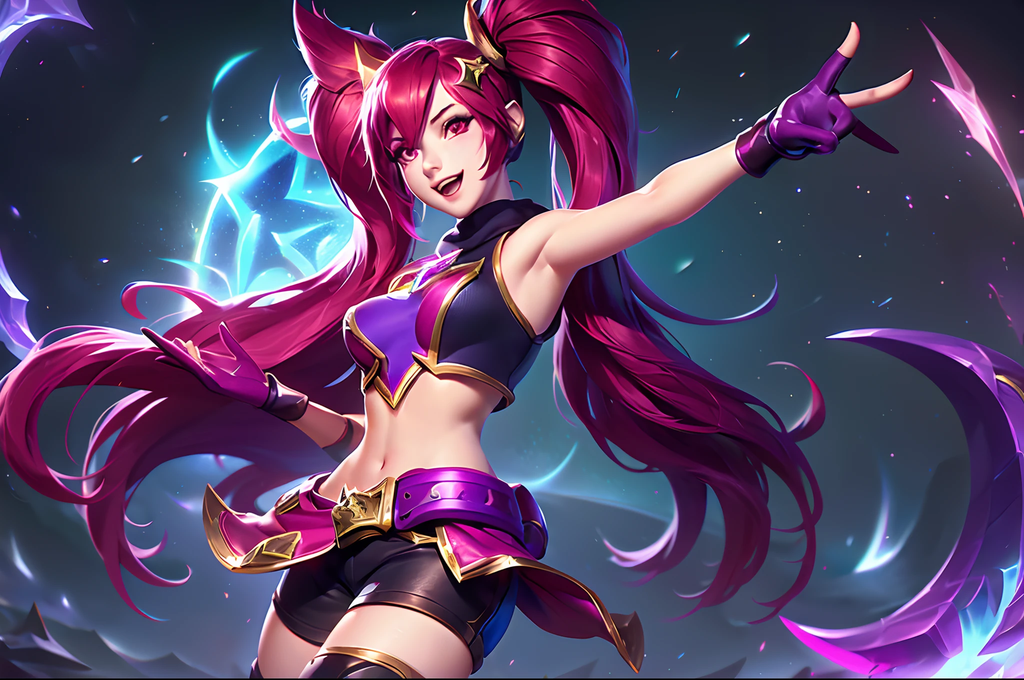 (League of Legends:1.5),jinx star guardian, 1girl, long hair, breasts, looking at viewer, smile, open mouth, bangs, hair ornament, red eyes, thighhighs, gloves, navel, bare shoulders, twintails, very long hair, :d, red hair, small breasts, boots, shorts, alternate costume, black gloves, elbow gloves, midriff, belt, fingerless gloves, armpits, bag, star (symbol), arm up, short shorts, alternate hairstyle, magical girl, pointing, yordle, star guardian (league of legends)