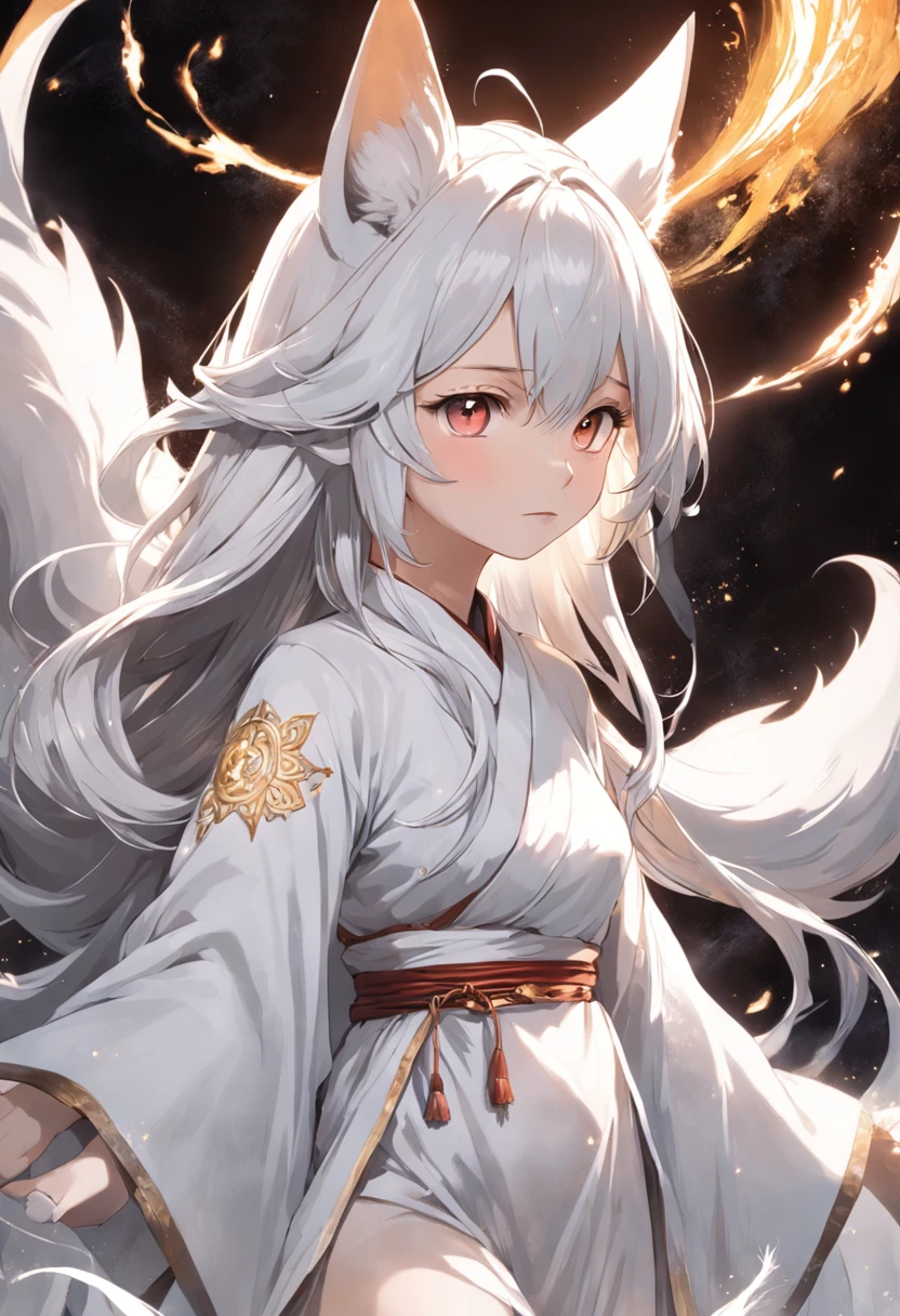 Close-up of a girl in a white dress, white-haired god,  flowing white robe,flowing magical robe, Nine tails, wearing a long flowing robe，Fox ears，fox demon，highly  detailed，（（tmasterpiece）），（Impasto），iintricate，church painting，（（（1个Giant Breast Girl））））Picture frame，fanciful，Exquisite steppe，sorceress woman，Shepherds have gray hair，（Nice face），Beautiful detailed face，Extremely delicate and beautiful girl，Under a big tree，sunny clear sky，ventania，beautiful sky，cumulus cloud