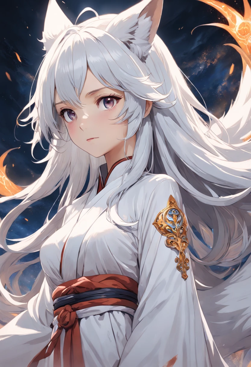 Close-up of a girl in a white dress, white-haired god,  flowing white robe,flowing magical robe, Nine tails, wearing a long flowing robe，Fox ears，fox demon，highly  detailed，（（tmasterpiece）），（Impasto），iintricate，church painting，（（（1个Giant Breast Girl））））Picture frame，fanciful，Exquisite steppe，sorceress woman，Shepherds have gray hair，（Nice face），Beautiful detailed face，Extremely delicate and beautiful girl，Under a big tree，sunny clear sky，ventania，beautiful sky，cumulus cloud