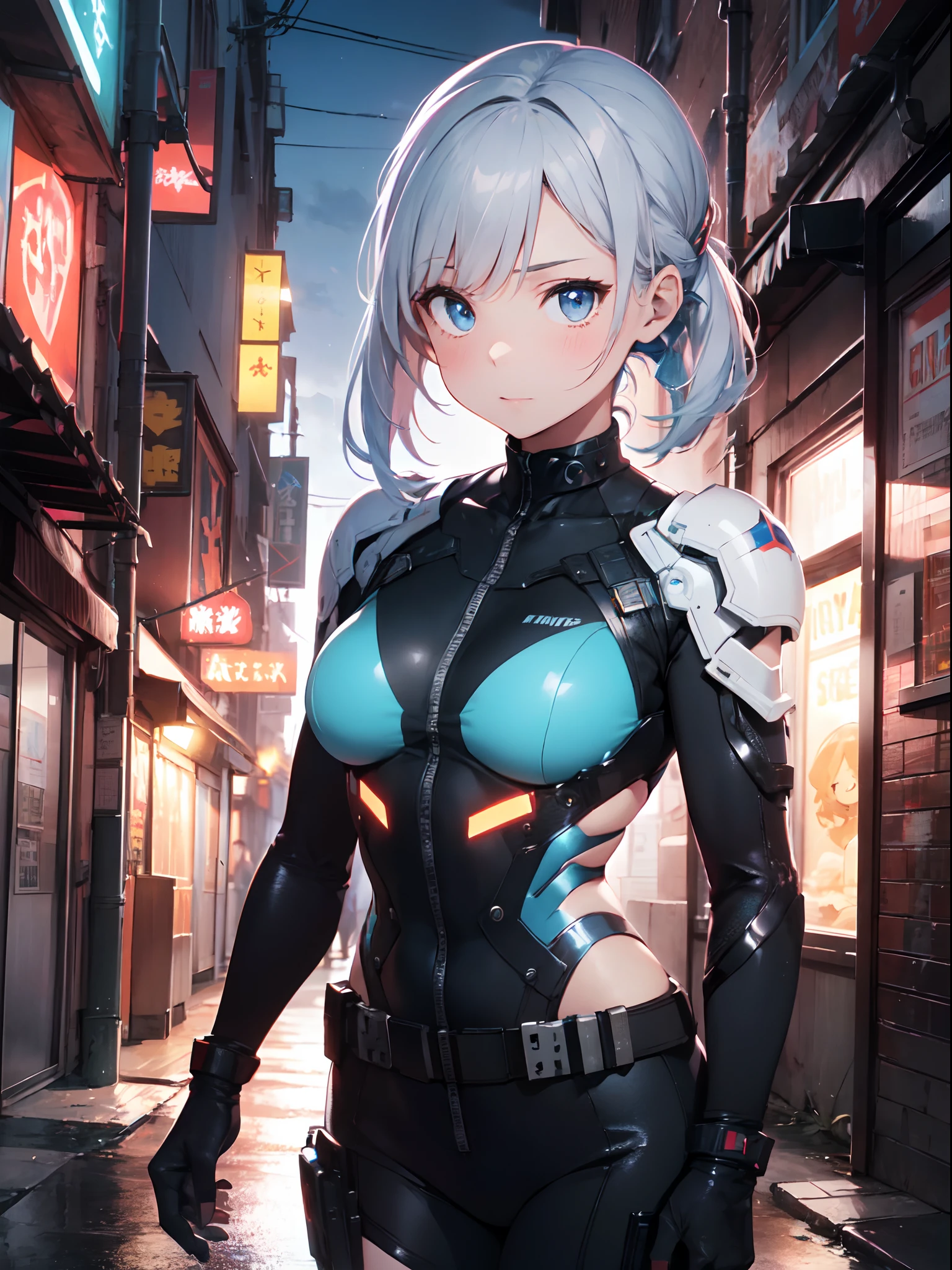 highest quality、complete limbs、Refers to the whole、1 beautiful woman、beautiful big breasted woman:1.3、light blue hair woman、big big smile、((middle parted hairstyle:1.3))、straight hair woman、((Cyber suit with light blue zipper:1.5))、smooth cyber suit、skyscrapers at night、hands on hips