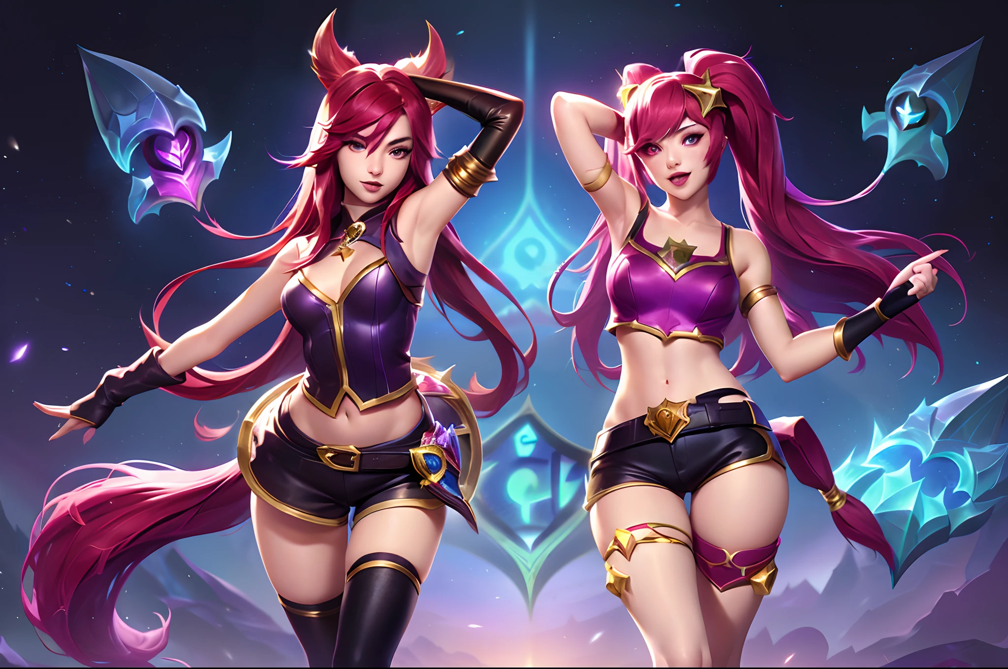 (League of Legends:1.5),jinx star guardian, 1girl, long hair, breasts, looking at viewer, smile, open mouth, bangs, hair ornament, red eyes, thighhighs, gloves, navel, bare shoulders, twintails, very long hair, :d, red hair, small breasts, boots, shorts, alternate costume, black gloves, elbow gloves, midriff, belt, fingerless gloves, armpits, bag, star (symbol), arm up, short shorts, alternate hairstyle, magical girl, pointing, yordle, star guardian (league of legends)