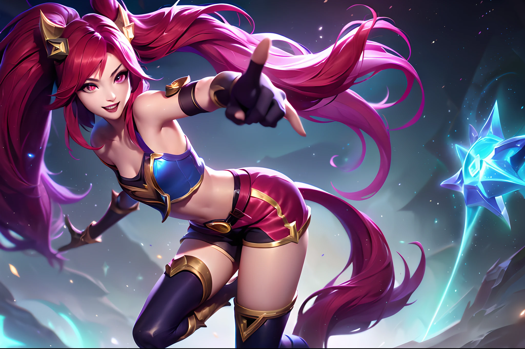 (League of Legends:1.5),jinx star guardian, 1girl, long hair, breasts, looking at viewer, smile, open mouth, bangs, hair ornament, red eyes, thighhighs, gloves, navel, bare shoulders, twintails, very long hair, :d, red hair, small breasts, boots, shorts, alternate costume, black gloves, elbow gloves, midriff, belt, fingerless gloves, armpits, bag, star (symbol), arm up, short shorts, alternate hairstyle, magical girl, pointing, yordle, star guardian (league of legends)