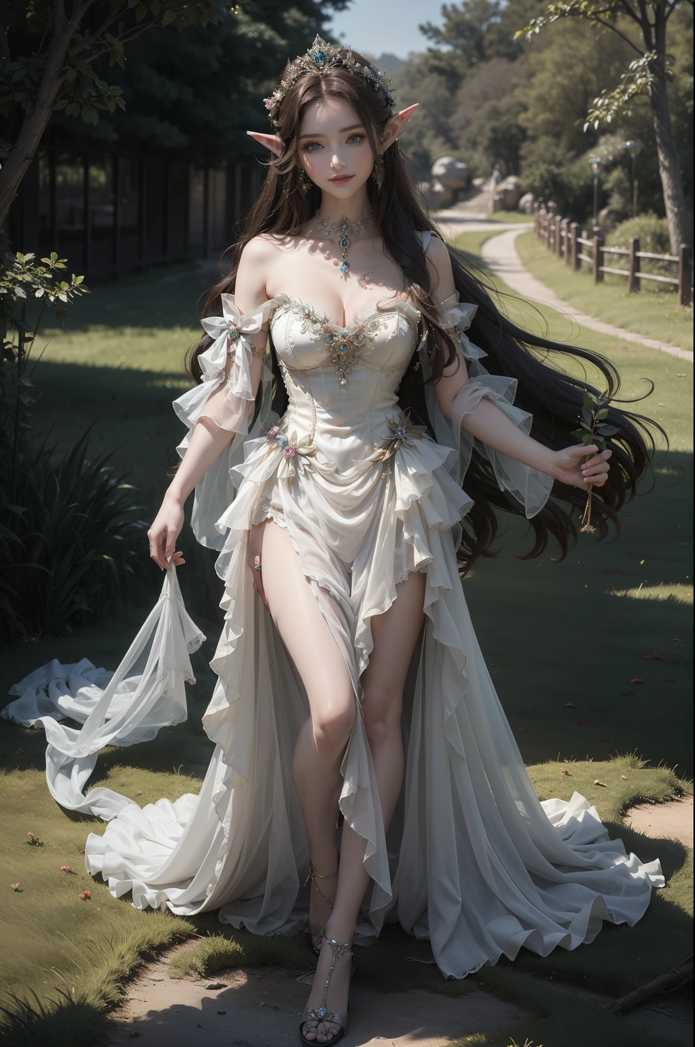 ((top-quality、​masterpiece、photographrealistic:1.4、in 8K))、Beautuful Women、Beautiful expression、extremely detailed eye and face、beatiful detailed eyes、（Mystical dress、Princess）、Luxury accessories、（Elves strolling through the mysterious forest）、Cinematic lighting、Textured skin、Super Detail、high detailing、High quality、hight resolution、Looking at Viewer、Elegant smile、Full body、elf