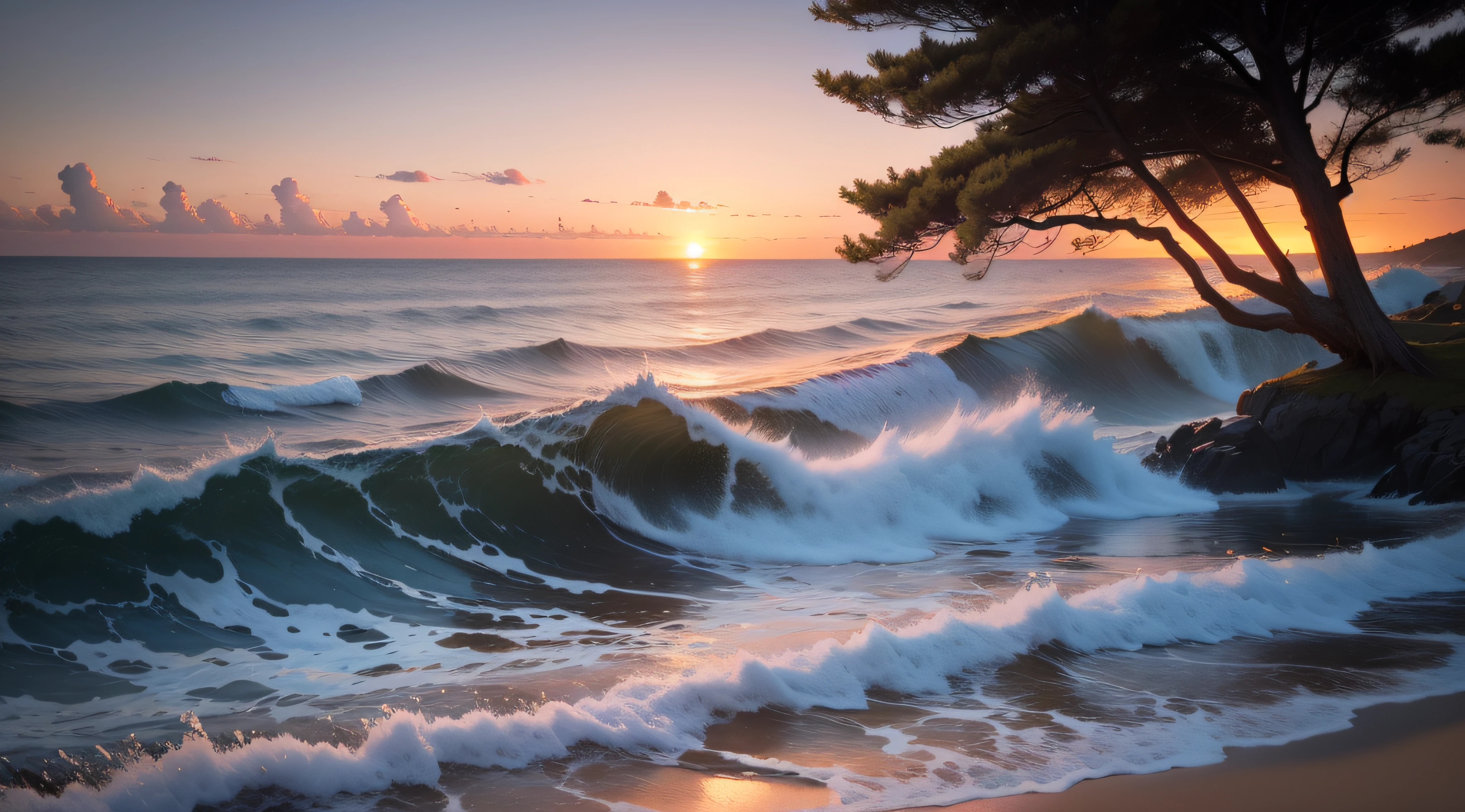 Sea landscape, high details, sunset, trees