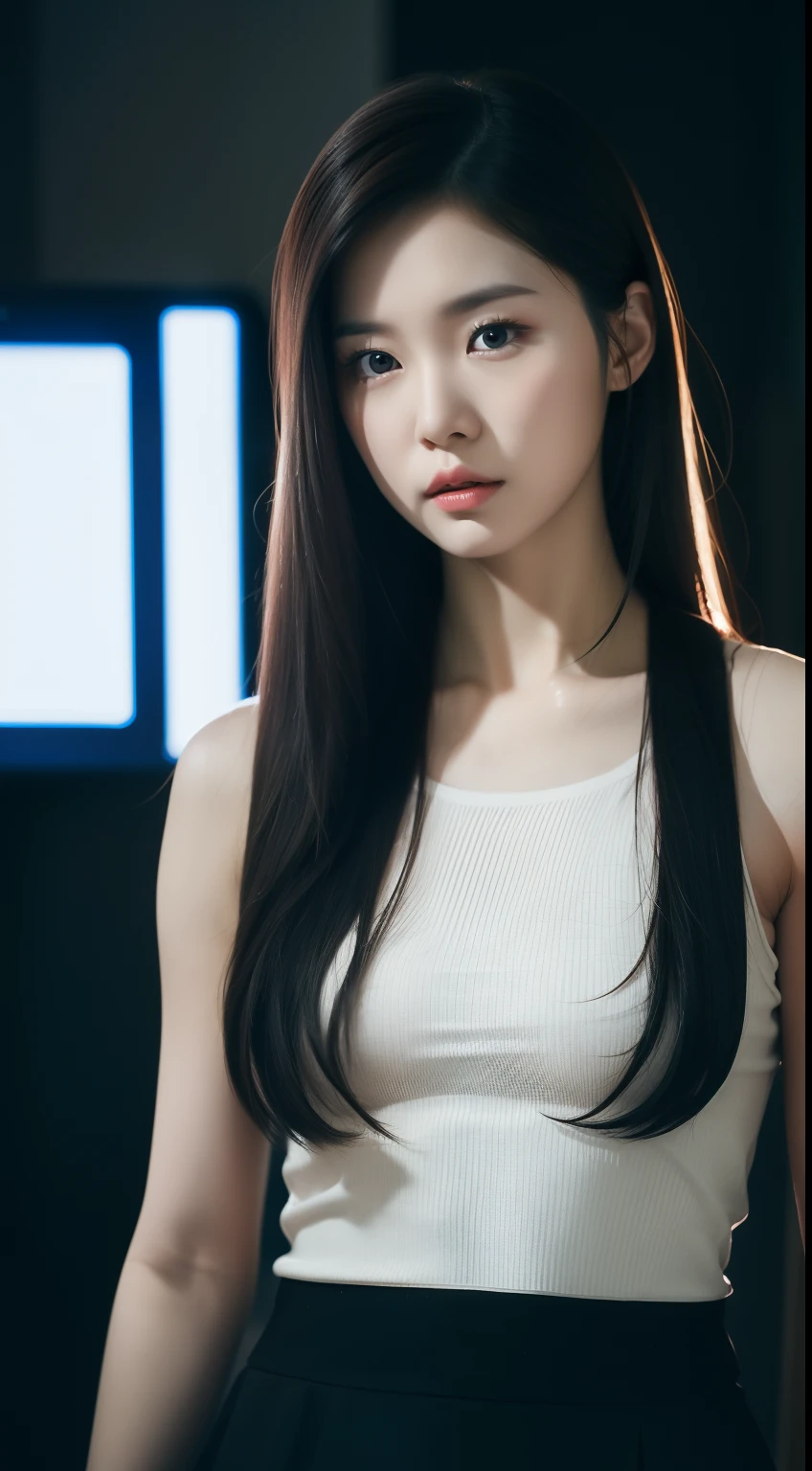 realistic photos of 1 cute Korean star, absurdly long hair, hair ribbon, white skin, thin makeup, 32 inch breasts size, wearing tank top, black skirt, watching TV., close-up, emphasis lines, Conceptual art, UHD