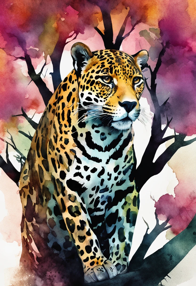 Jaguar on top of a tree, picure, watercolor paiting, Amorphous design, surrealist