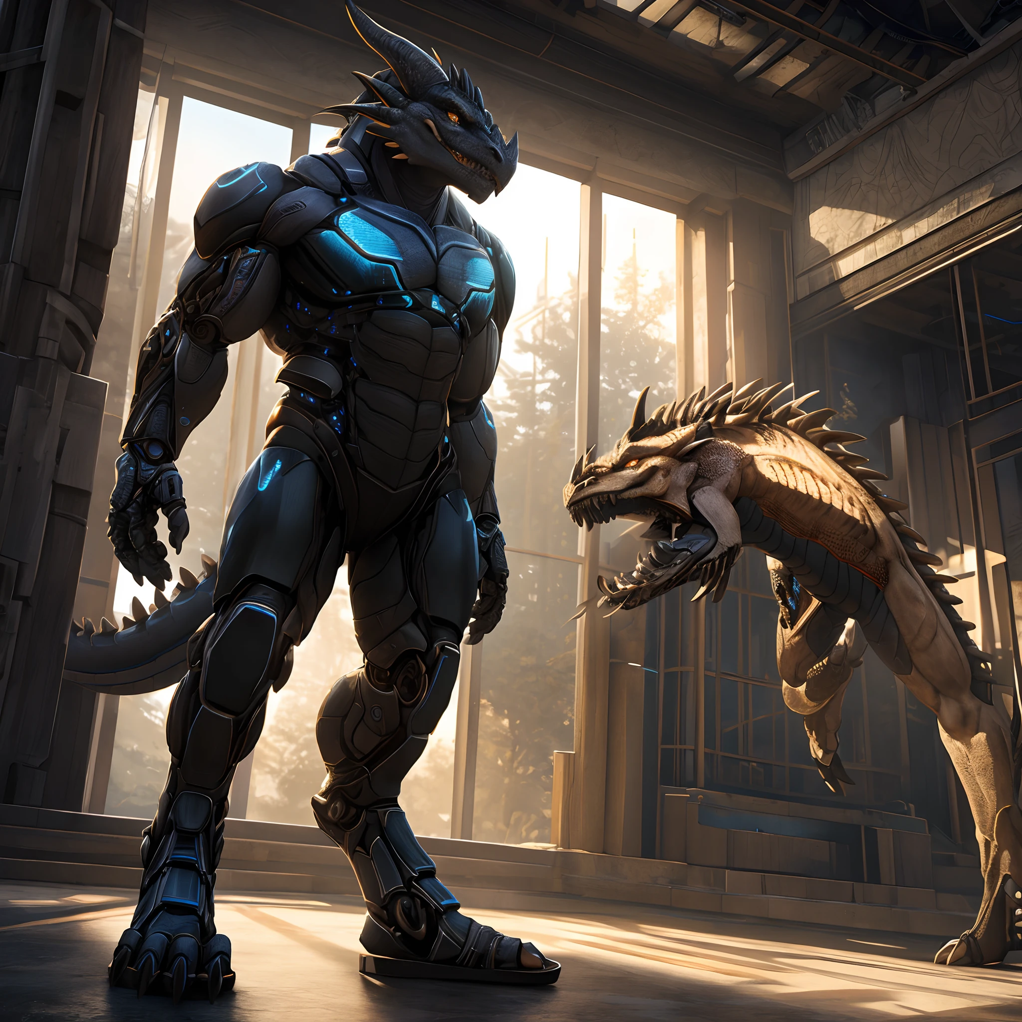 An advanced bionic mech, cybrog, anthro, dragon, female, full body, Muscle, Delicate face, Delicate eyes, 1 tail, (glowing LED), energy, digitigrade,inside in room, extremely detailed CG unity 8k wallpaper, realistic, masterpiece, highest quality, lens flare, unreal engine, trending on ArtStation, Intricate, High Detail, dramatic, realism, beautiful and detailed lighting, Sandals