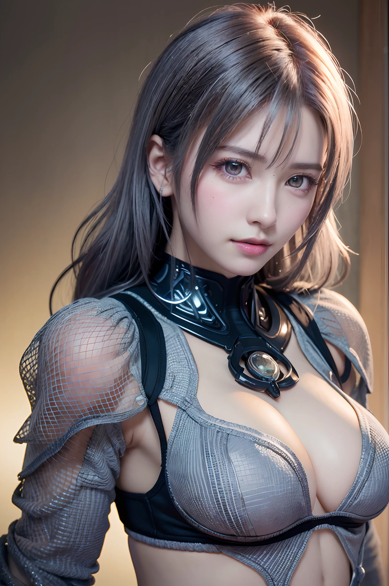 top-quality、8K Masterpiece、超A high resolution、(Photorealsitic:1.3)、Raw photo、女の子1人、silver white hair、glowy skin、1 Cyberpunk Super Beautiful Soldier、((super realistic details))、portlate、globalillumination、Shadow、octan render、8K、ultrasharp、beauty breast、Raw skin is exposed in cleavage、metals、cold color、、highly intricate detail、Realistic light、CGSoation Trends、Beautiful eyes、radiant eyes、Facing the camera、neon details、
