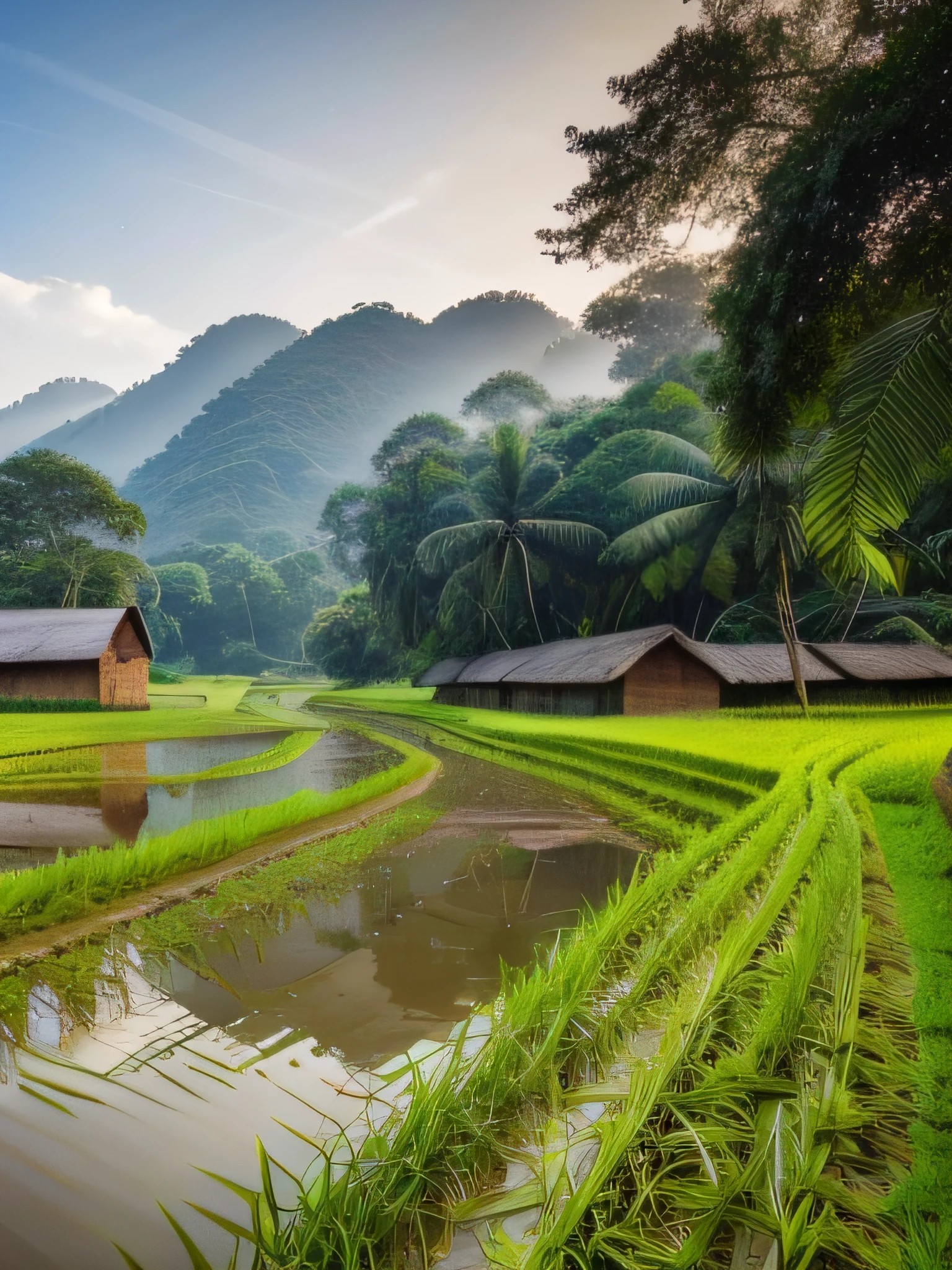 Bangladeshi village, (paddy field), (jute field), (farmer working in the field), (river beside the field), (huts and houses under the big trees), (mountains are far away), ((highly detailed)), (realistic), ((8k ultra hd))