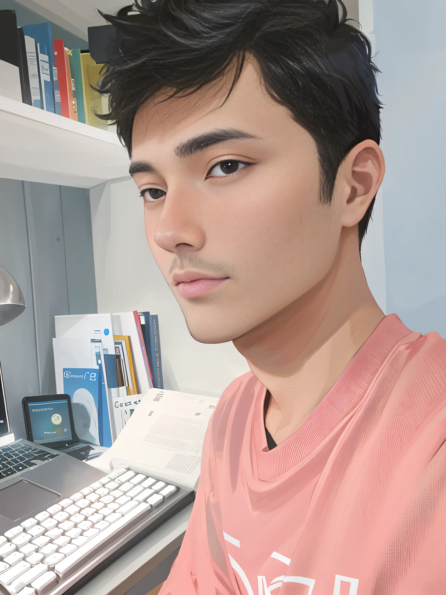 The Arafeld man sat at a computer desk，holding laptop, 8k selfie photograph, selfie shot straight on angle, 2 7 years old, with a pointed chin, set on singaporean aesthetic, Detailed unblurred face, with small nose, Narrow Nose, 2 8 years old, south east asian with round face, wideangle portrait