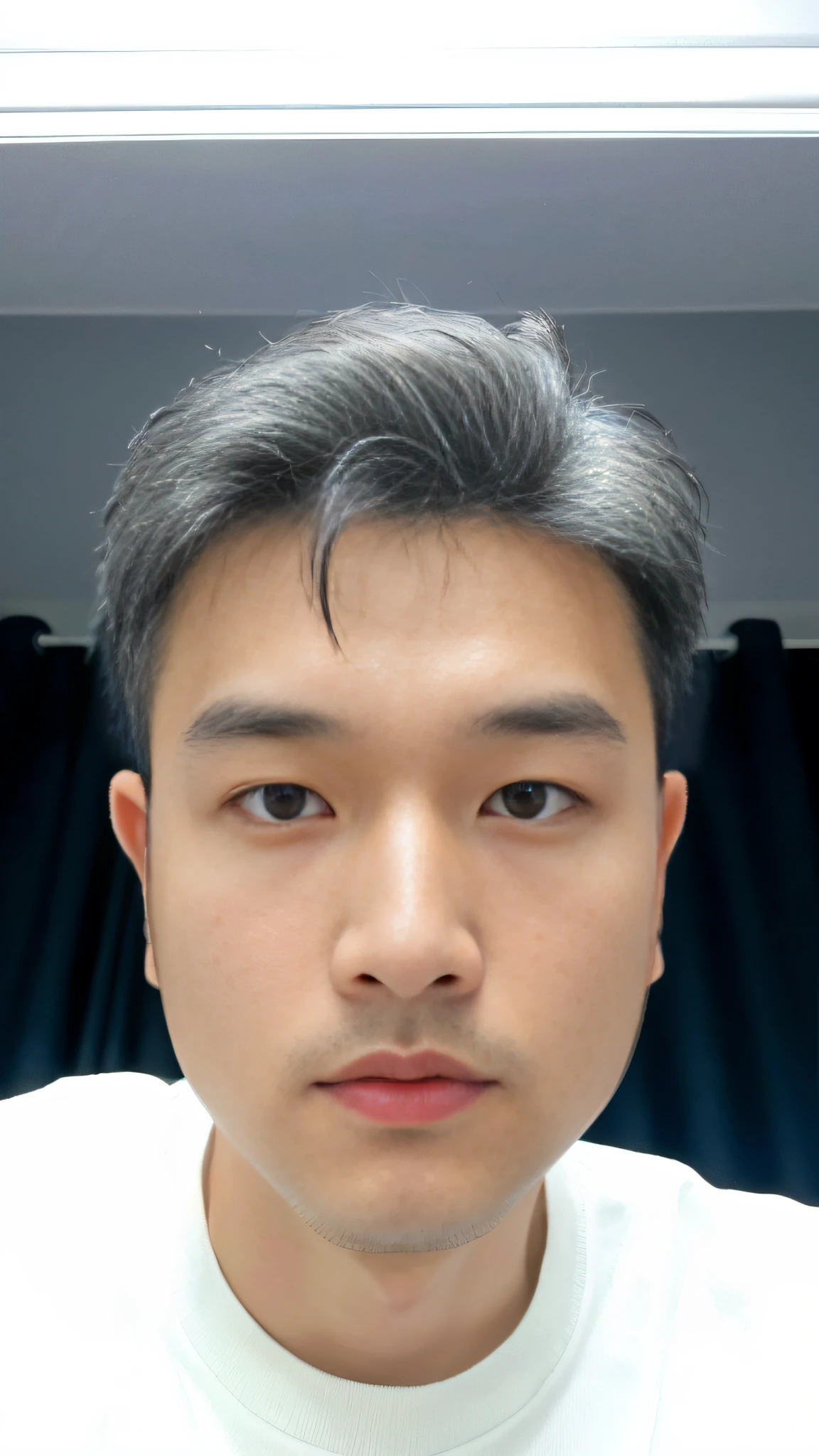 (Korean Male, Eyes, 1 Wear a navy blue suit over a white crewneck shirt,Wear dark blue pants, No tie, Attractive and serious look, short dark hair, Straight hair, Rollover, Slightly exposed forehead, shaved moderately muscular body, (High-quality, realistic images), Sitting in work chair on dark black office and movie lighting background ((Best Quality, 8K, masutepiece)