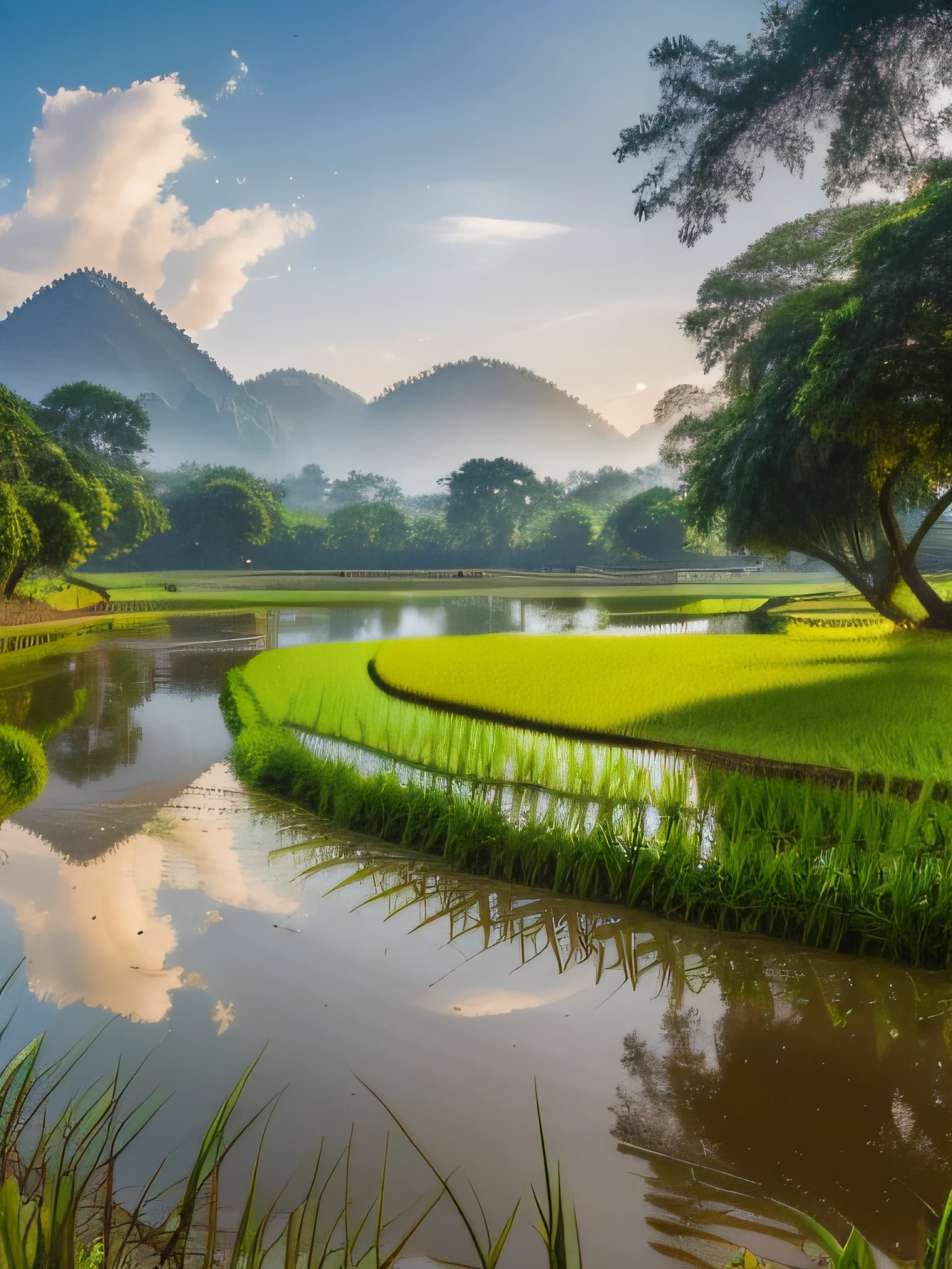 Bangladeshi village, (paddy field), (jute field), (farmer working in the field), (river beside the field), (huts and houses under the big trees), (mountains are far away), ((highly detailed)), (realistic), ((8k ultra hd))