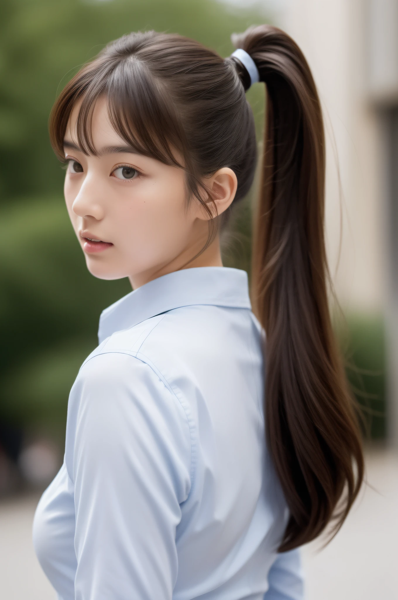high-level image quality、In the street、Only 1 person、(Beautiful girl in bra and well-styled ponytail)、Dignified atmosphere、Frontal shot、close up of face