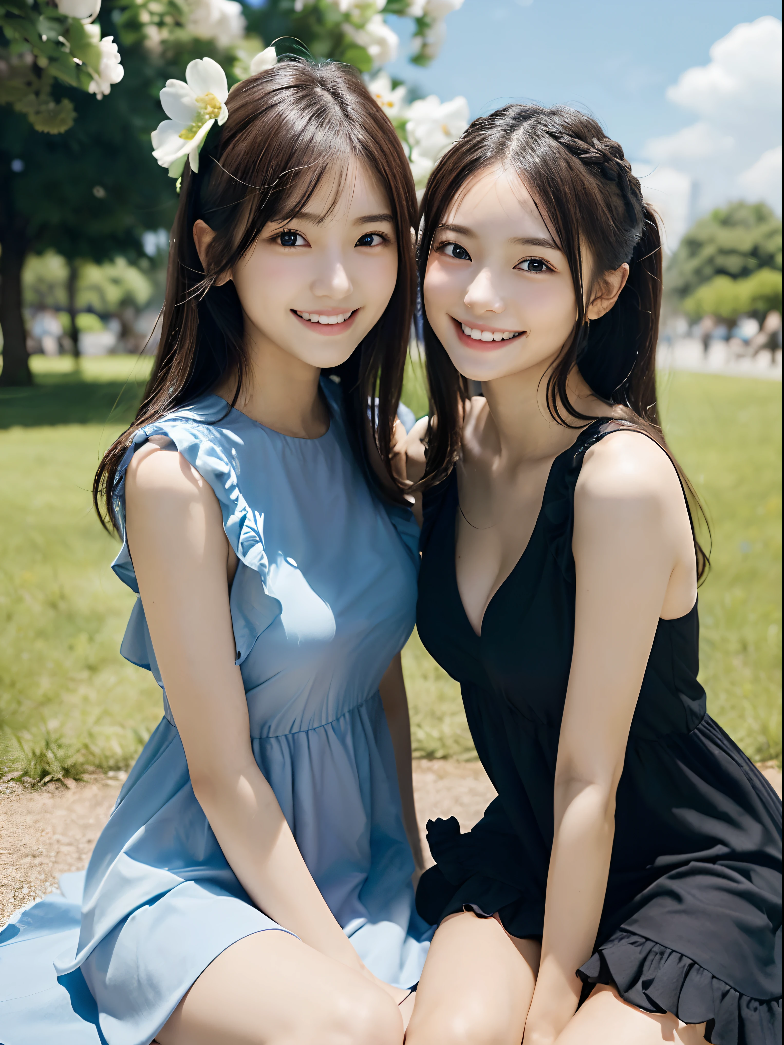 Two Sisters、Long Hair, Gray Hair, Small breasts、smile(Long tongue out)、Long Hair, Blue Hair/Light blue hair, Large Breasts, Closed eyes, Close your mouth, Embrace each other、field、Transparency、