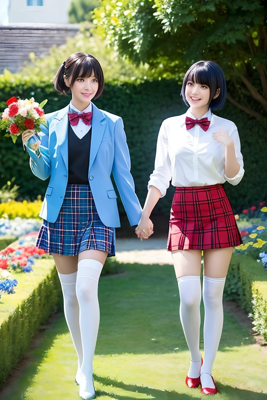 (two girls,duo,stroking),"Beautiful anime style female characters、Short blue hair、blue eyess、a smile、blazers、white shirt、red bowtie、Red plaid skirt、Figures wearing black stockings、Bouquet in hand、Scene of dancing in a summer flower garden。With high-quality portrayal and highest quality、Emphasis on the thighs、In the brilliant sunshine、The whole body shines、Draw a gorgeous picture。"