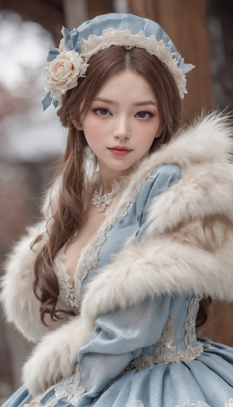 (Best quality, 8K, 32K，The details are super clear),Photorealistic, high resolution, 1 Japan Women, Solo, (Lolita costume)，Gorgeous costumes，Face the audience，(The upper part of the body，upper legs)， beautidful eyes, Brown hair, ringed eyes, (outside，Heavy snowfall，Thick fur cape，Cover with snow)，snowfield，Blue eyes，Illustrations of the highest quality，A meticulous face