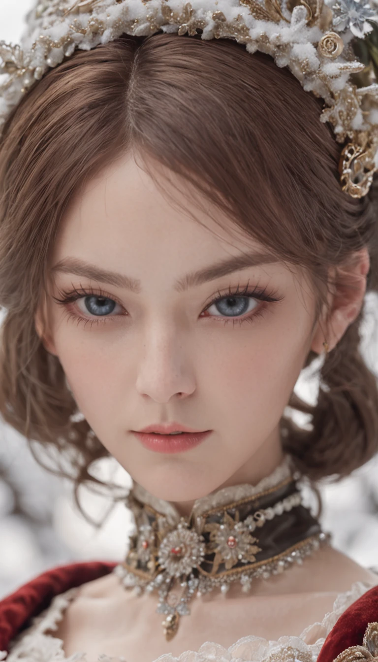 (Best quality, 8K, 32K,The details are super clear),Photorealistic, high resolution, 1 Japan Women, Solo, (Lolita costume),Gorgeous costumes,Face the audience,(The upper part of the body,upper legs), beautidful eyes, Brown hair, ringed eyes, (outside,Heavy snowfall,Thick fur cape,Cover with snow),snowfield,Blue eyes,Illustrations of the highest quality,A meticulous face