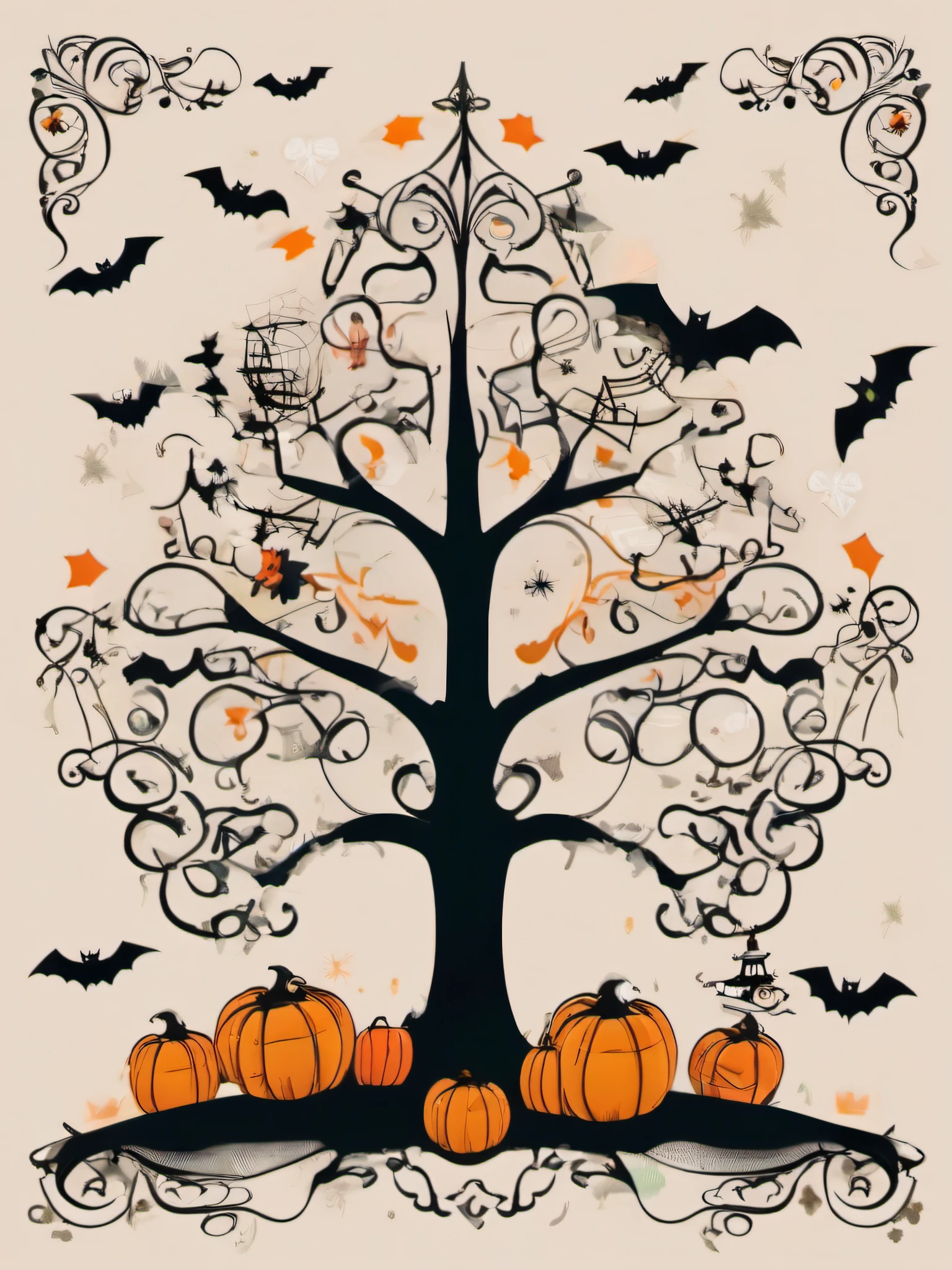 isolated vector art that blends the eerie spirit of Halloween with the festive charm of Christmas. Craft a Christmas tree composed of iconic Halloween elements such as pumpkins, bats, spiderwebs, and cauldrons. Use dark and rich colors to create a mysterious yet cheerful atmosphere. This design captures the unique fusion of two beloved holidays, no-background, in the style of 0mib