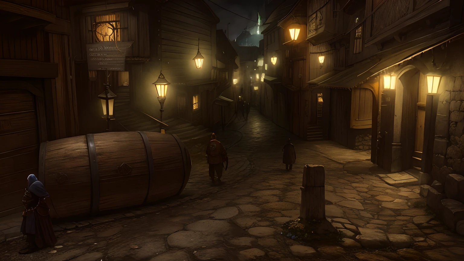 Vista ararísta, de uma rua com um barril e um homem ao lado, As ruas de Baldur's Gate, Riften City ao fundo, Cidade de Vivec, tabernas estilo de vida nocturno, Whiterun no estilo da Pixar, a bustling magical town, Mordor como uma cidade movimentada, cidade medieval, Muitos NPCs nas ruas