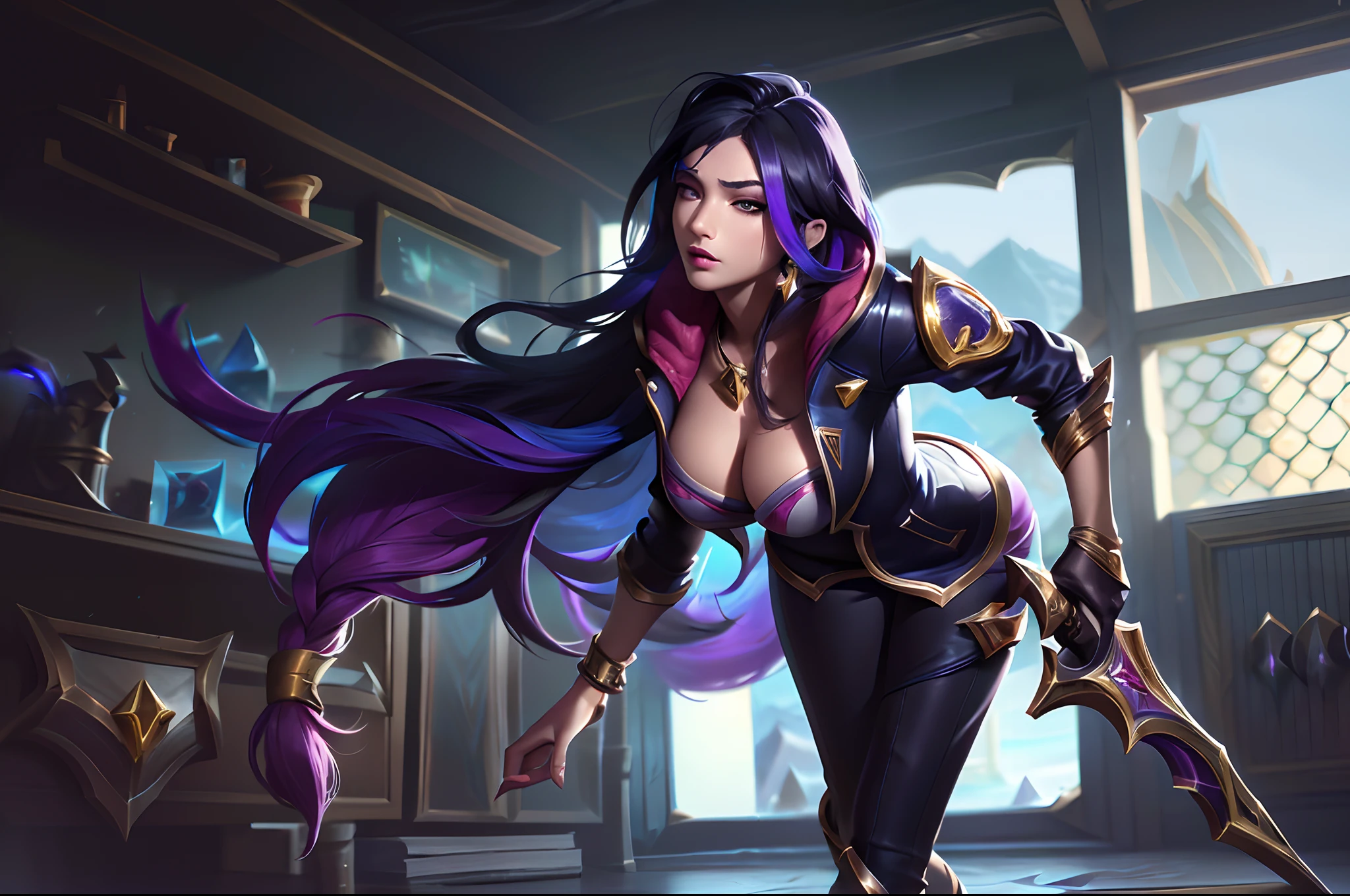 (League of Legends:1.5), high noon samira skin, 1girl, solo, long hair, breasts, black hair, gloves, holding, jewelry, medium breasts, jacket, weapon, braid, white hair, multicolored hair, earrings, boots, black gloves, pants, indoors, holding weapon, two-tone hair, gun, eyepatch, holding gun, aircraft, firing