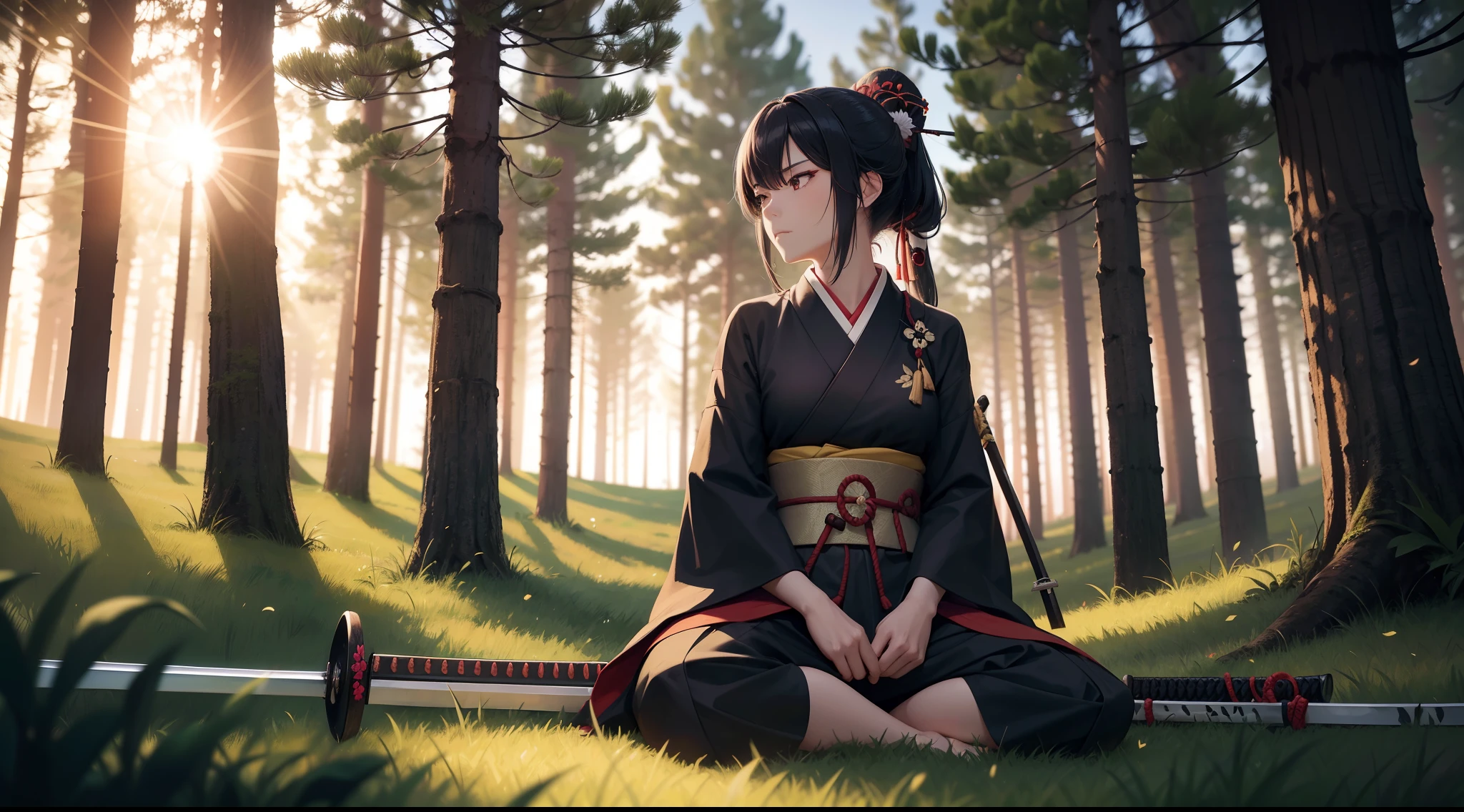a woman in samurai uniform is sitting in a grassy forest when the sun is touching the horizon, she is looking at the ground in sadness with a katana by her side. We can see her side face. She is looking down at the ground. Specs of dust. cinematic. visual clutter. She has a sword(katana) by her side. The grass is little tall.