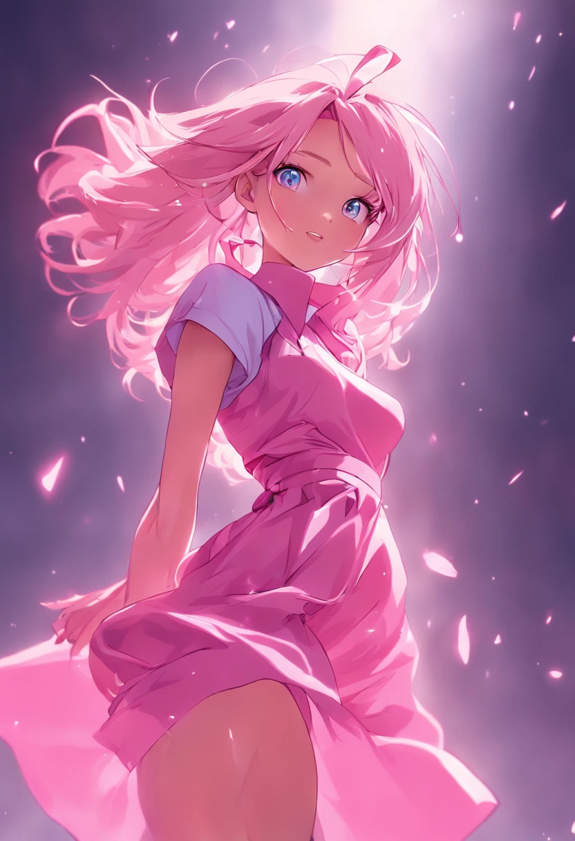 Barbie, ((full bodyesbian)), Blue eyes, Smiling face, Loose hair is blown by the wind, Hip hop artist pose, Dress in hip-hop style, Wear it with a pink T-shirt, ((Hand modern microphone)), He wears a pink bow on his arm, Fashion, Extremely high quality, High details, 8K, 64k, Clean background, In the studio, ((Full body shot)),