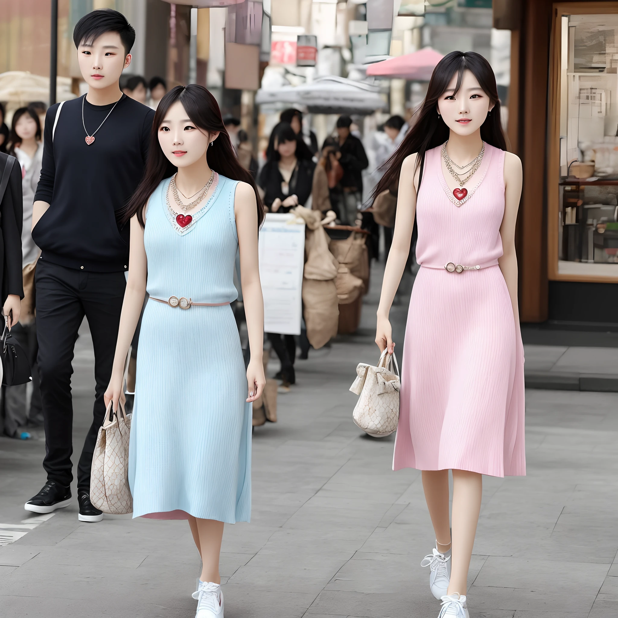 Her long hair underwent one-time perms，Slouchy and fluffy draped over the shoulders，The white melon seed face looks smaller。
She wears a soft pastel-pink heart-knit vest，Slipped over a knee-length white dress and a pair of light blue muffin shoes，Carrying a bag in the shape of a bear diagonally，On his chest hangs a red crystal necklace with the scent of the lost，At a glance，It's a sweet girl next door。