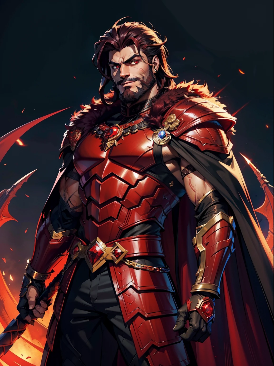 Dark night blood moon background, Hades style, game portrait. Sadurang from Marvel, hunk, buffed physics, short mane hair, mullet, defined face, detailed eyes, short beard, glowing red eyes, dark hair, wily smile, badass, dangerous. Wearing full armor with red dragon scales, cape of furs. Breath fire.