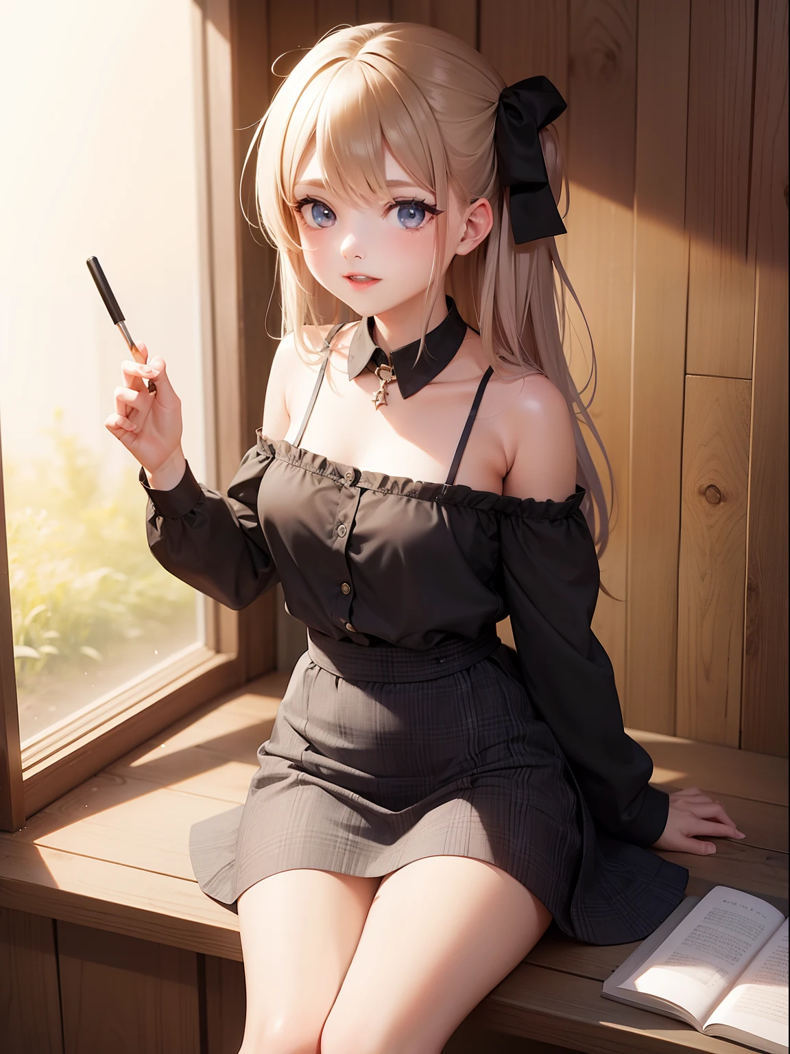 (64k, RAW photo, best quality, masterpiecel1.4), (realistic, photo-realistic:1.37), photo of a Japanese girl in a loose & oversize black jacket, white sheer cami top, Natural(large breasts:1.25), (micro:1.4)short pants, looking away, Seductive Smile, (kpop idol), messy hair, medium hair, (pink blush), (lighting), wood bench, sitting, open legs, spread legs, (solo), dynamic pose, ((erectnipples)), (female pubic-hair), (puffy eyes:1.3), (slim legs), HDR, highly detailed, ambient occlusion, outdoors, natural park, harmonious composition, fine art photography,