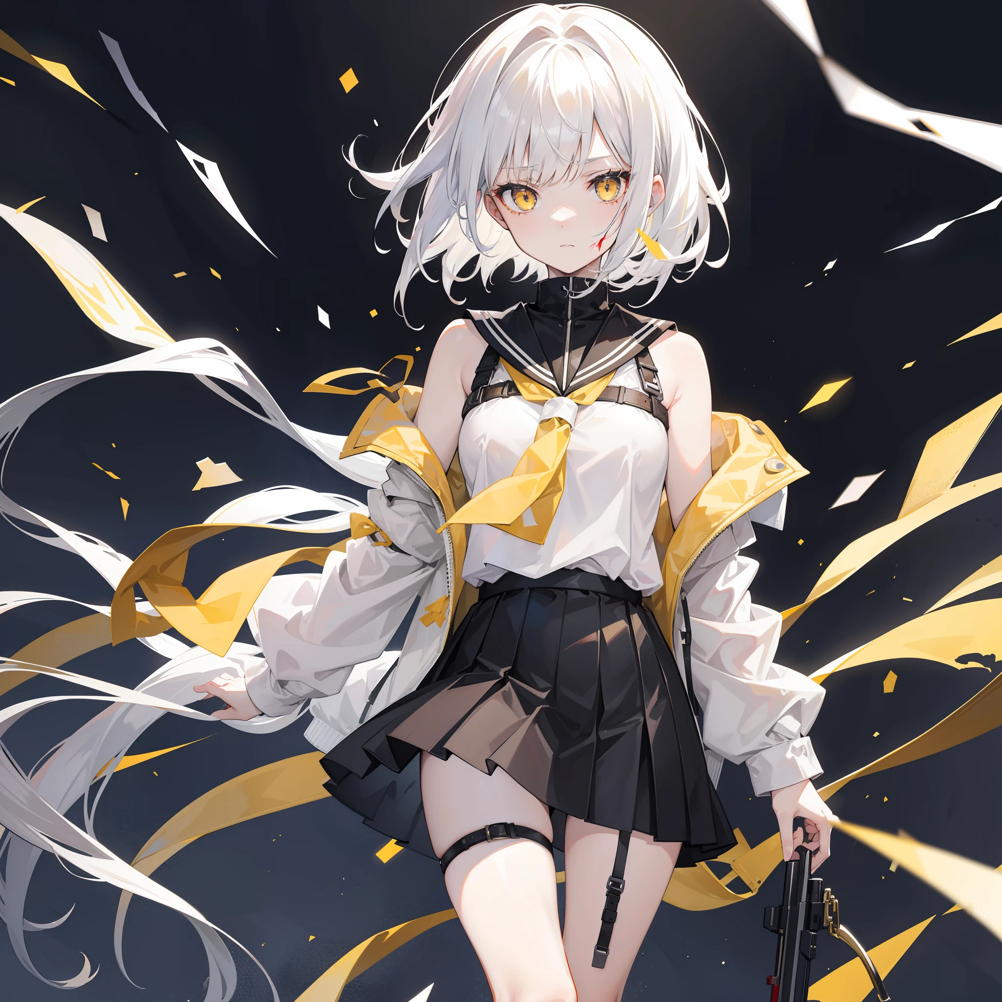 1girll,White color hair,Hair shoulder length,Yellow pupil,Dressed in an old black trench coat,Black short skirt for high school students,The shoulder straps are tied around the legs,Half of his face was bloody,horrified expression,Carry a shotgun,Dilapidated interior