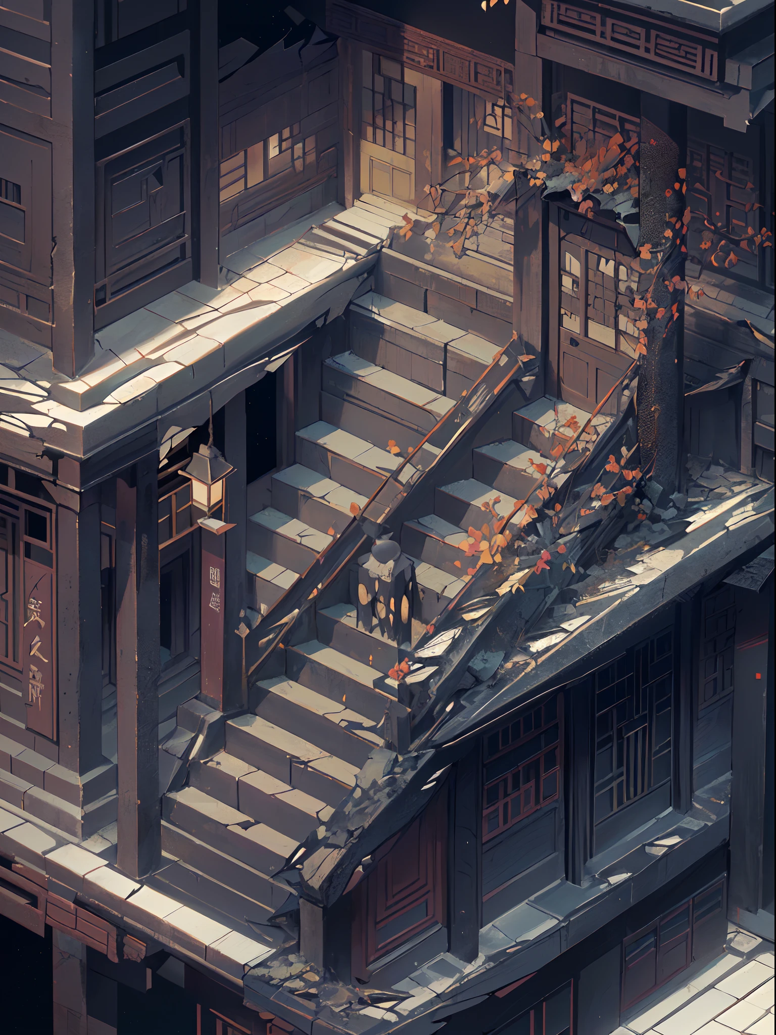 (isometry:1.5), (Masterpiece, Top quality, Best quality, offcial art, Beautiful and aesthetic:1.2),(16k, Best quality, Masterpiece:1.2),architecture, [:(Black background:1.5):40],Simple background,east asian architecture, (Simple background:1.5), scenery, No Man, stairways, Building, wall, Doorway building, stairways, Chinese architecture,(Night:1.5),(Torn:1.5)