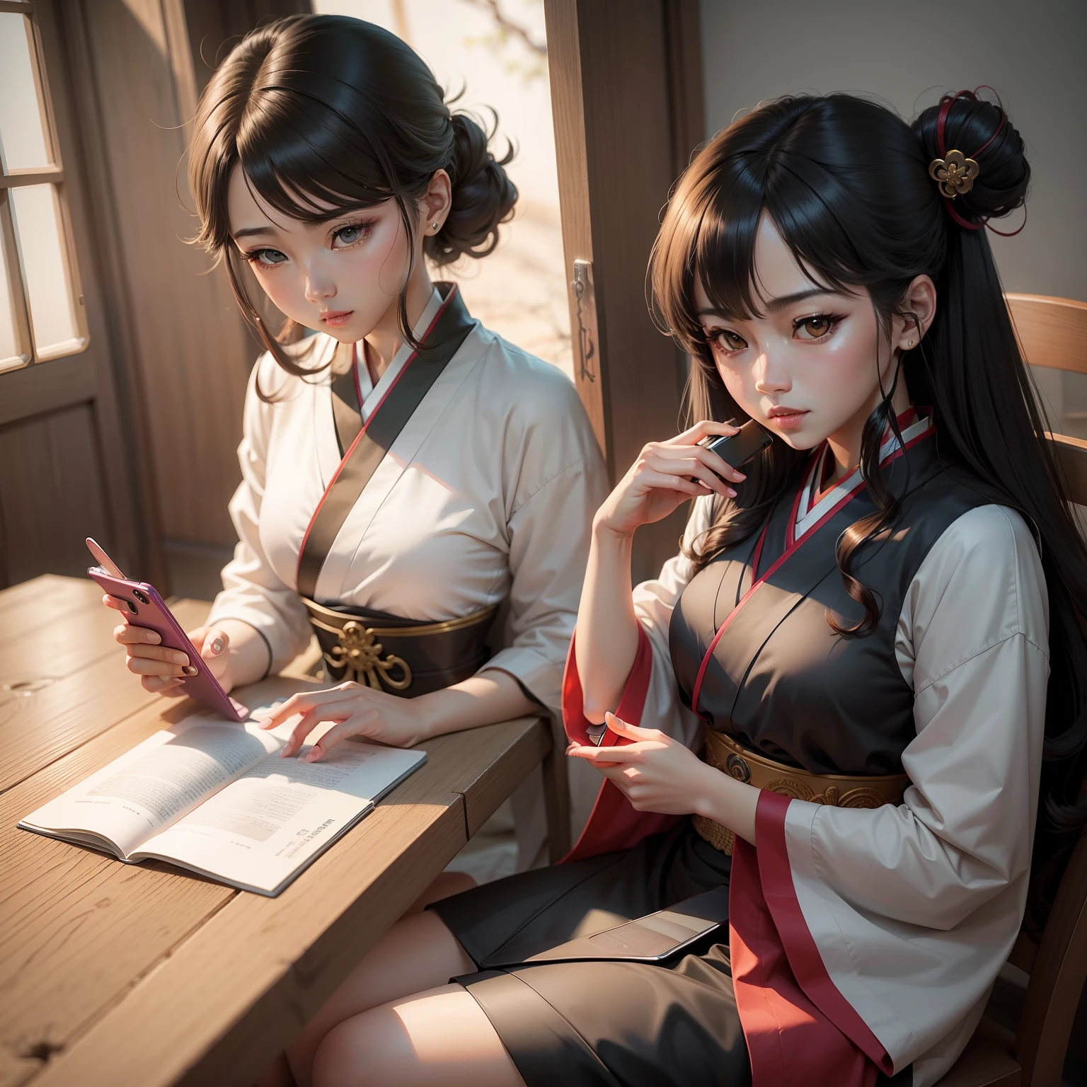 Manhwa Style,The protagonist is Nasida in Genshin,She was sitting at a table playing with her phone。