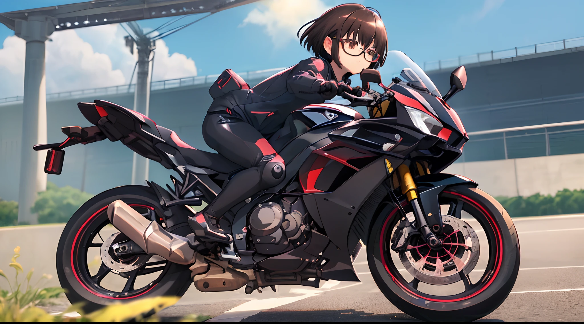 (masutepiece, Best Quality, Capture super cute moments, depth of fields, ultra-detailliert, Ultra High Resolution, C4D, Octadale, 3D Modeling, 8K, 16 K, one girls、a 、A dark-haired、short-hair、straight haired、Light brown eyes、hair adornments、wearing black glasses、Cute face)、Rider Suit、Puncture of the front wheel、riding on motorcycle