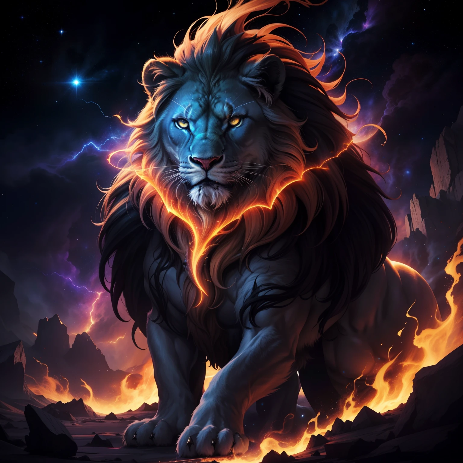 A lion with glowing eyes and a mane is running through the fire - SeaArt AI