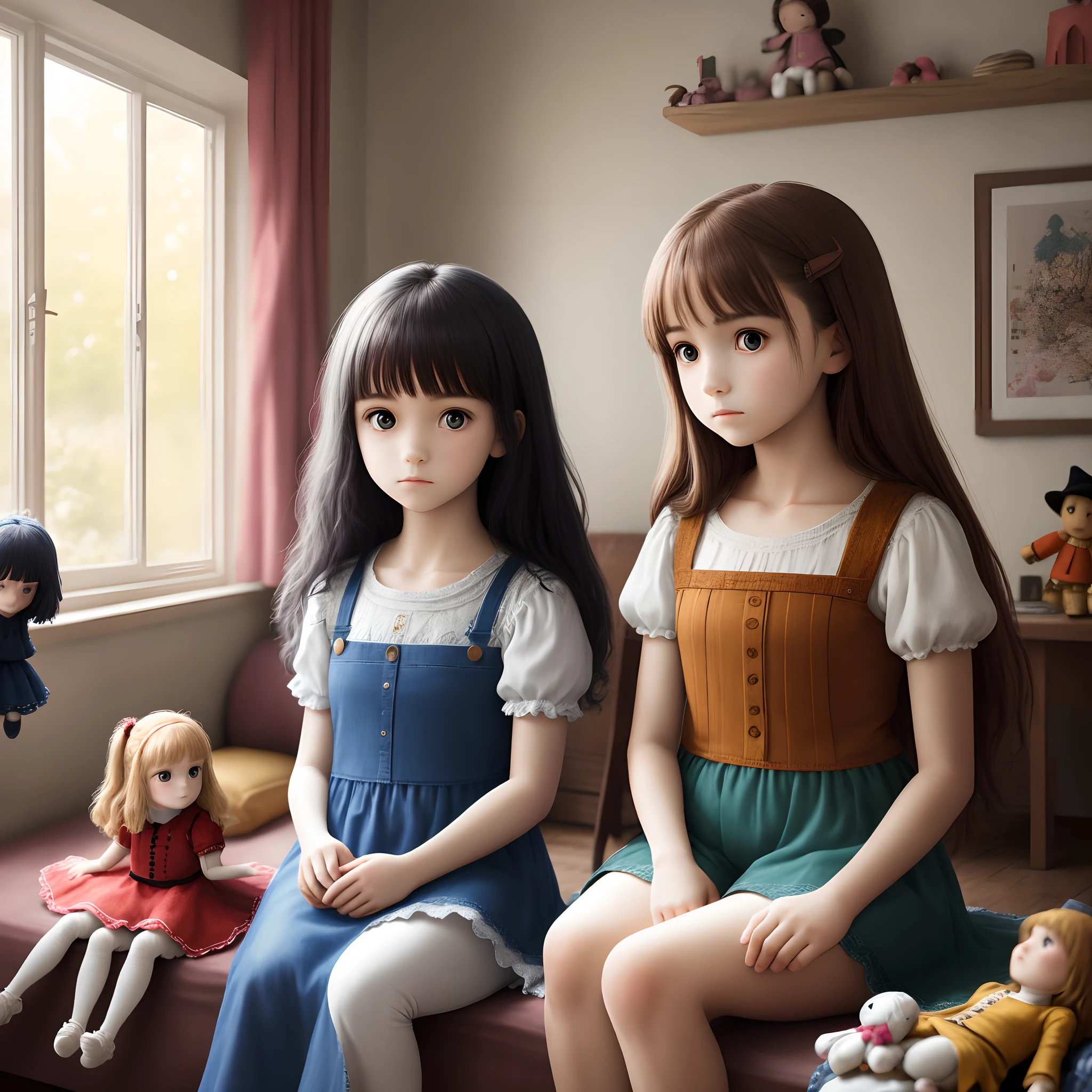 twogirls，inside a room，Play with rag dolls(A high resolution)