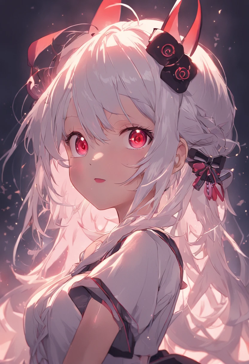 white hair, ahoge, long hair, braided bangs, maid headdress, hair bobbles, red eyes, longeyelashes, heart-shaped eyes, rabbit ears, kemonomimi mode, evil smile, anime style, UHD, retina, masterpiece, ccurate, anatomically correct, textured skin, super detail, high details, high quality, award winning, best quality, highres, 16k