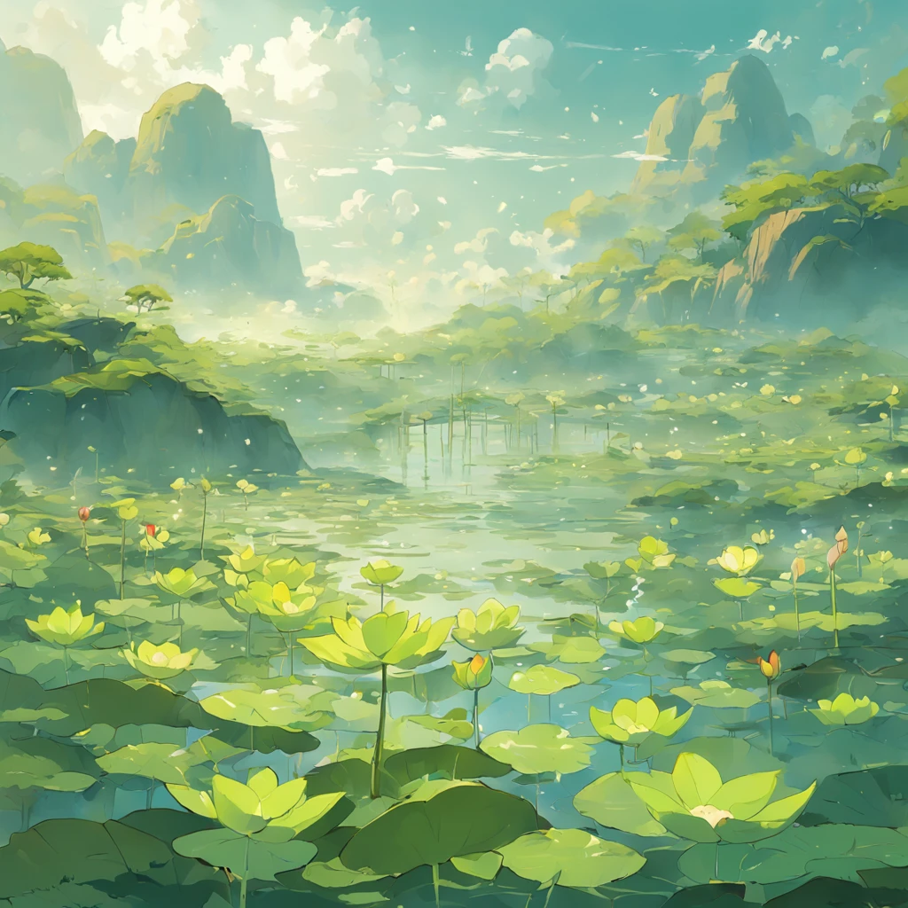 (White background:1.4),(Guochao illustration style,Green is the main color,The overall picture is empty,On the right, center, there is a red sun,Below is the lotus pond,There are six very large lotus flowers in the lotus pond,Some lotus flowers contain buds and some bloom,There are several hazy mountains in the background,There are ethereal clouds in the air,(Chinese illustration:1.3,),( reasonable design, Clear lines, High sharpness,Best quality, Very detailed, Masterpiece, movie light effect, 4K )