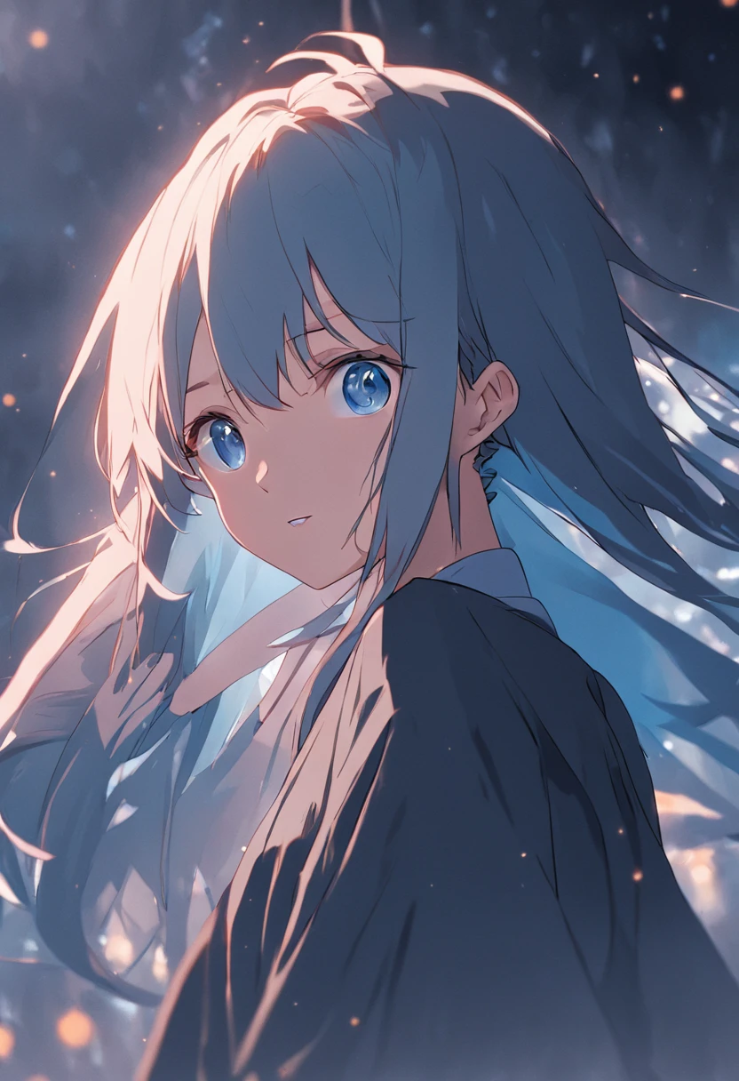 -yeld giSky blue eyes,Height 175cm,Long brown hair that falls to the shoulders,The chin is slightly pointed,Wear a black dress,Stand in front of a wall covered with band's posters,Only the side face is exposed,ultra cute,With a little smile