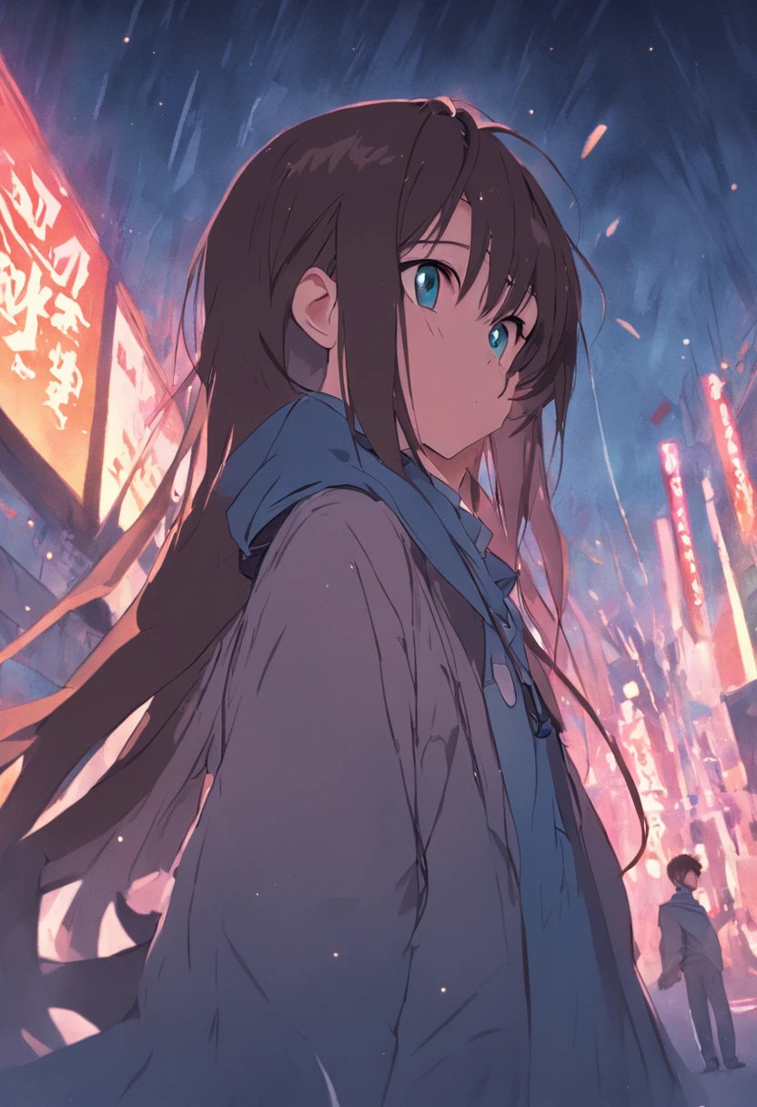 -yeld giSky blue eyes,Height 175cm,Long brown hair that falls to the shoulders,The chin is slightly pointed,Wear a black dress,Stand in front of a wall covered with band's posters,Only the side face is exposed,ultra cute,With a little smile