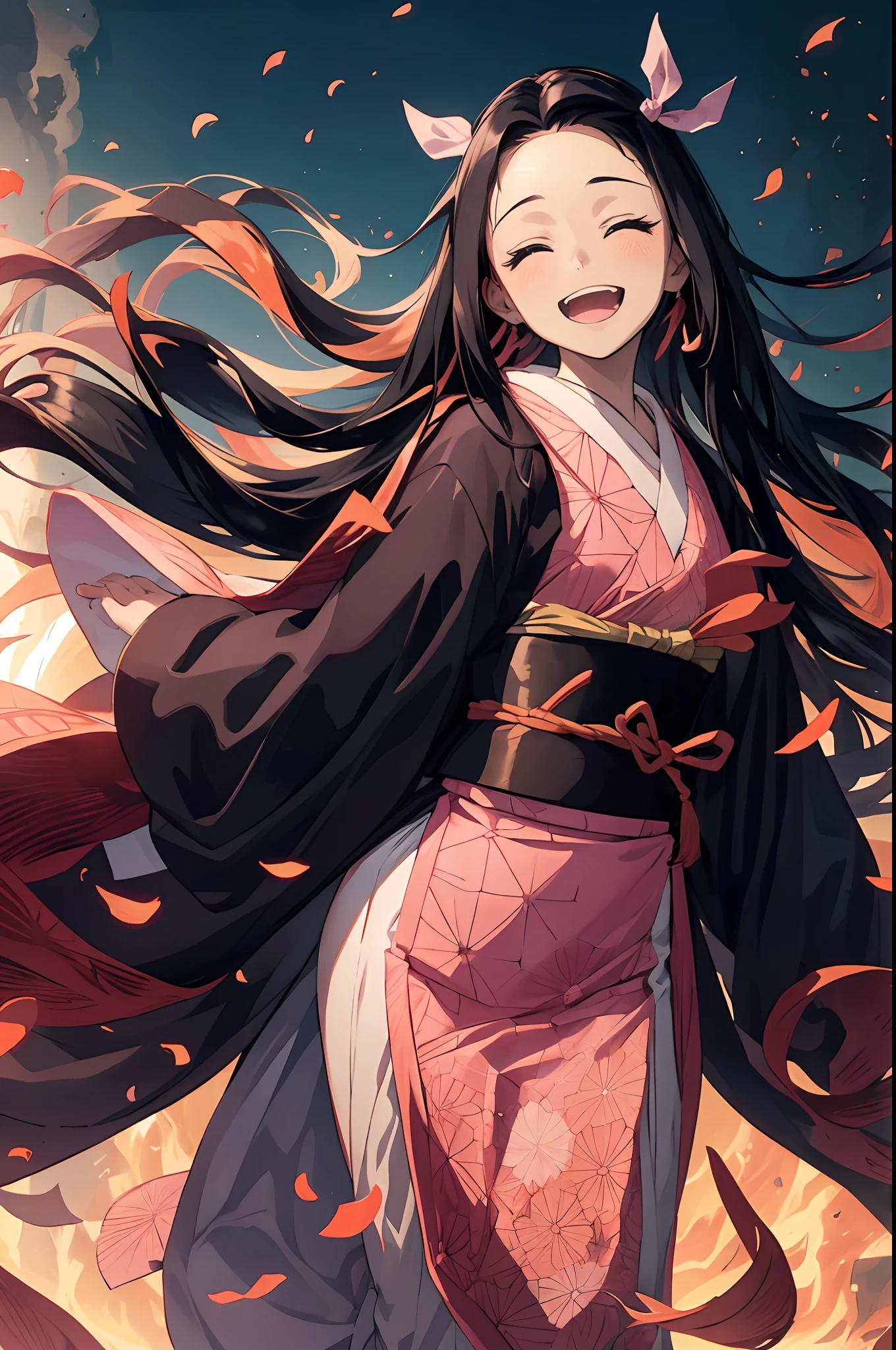 anime, HDR, luz suave, ((best quality)), ((master part)), (circunstanciado), Nezuko, cabelos pretos, testa, boca aberta sorrindo, olhos fechados presas grandes, cabelos muito longos, fita de cabelo, Roupas japonesas, quimono rosa, cabelos multicoloridos, pink bow, clivagem, Standing, destruction, Sparks,