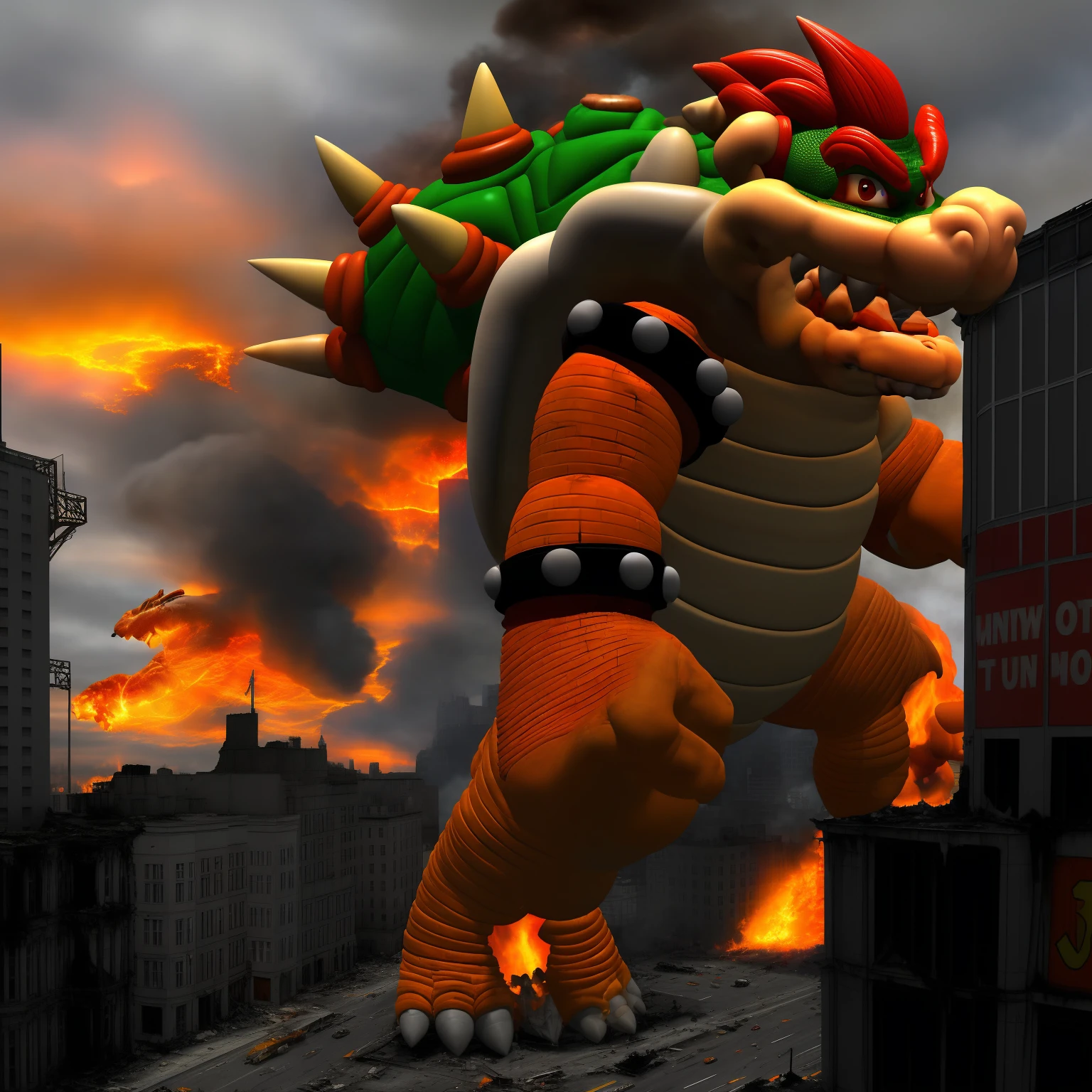 1.5, Prompt B:1.5)
"(Giantess fantasy),(Bowser from Super Mario), menacing presence, towering over the city, destruction and chaos, terrified citizens fleeing, crumbling buildings, fiery explosions, intense red lighting, smoke billowing, power and domination."