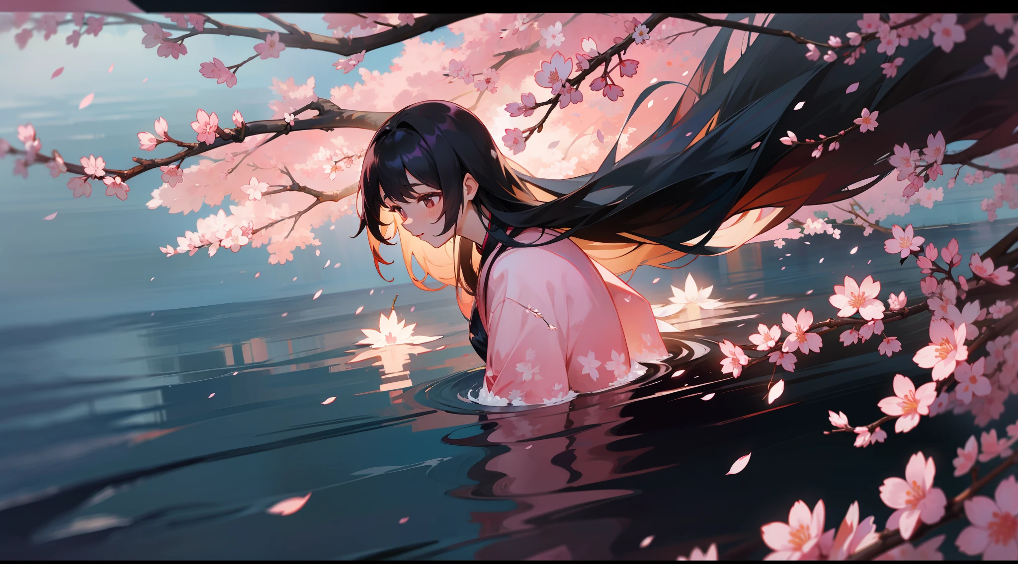 and the wind,Gorgeous erosion,花魁,Long black hair,sakura flowers falling,Night scene,water glow,Cherry blossoms fall on the lake,the cherry trees