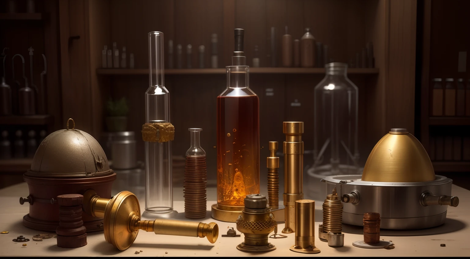Alchemy Observatory,Ancient alien technology,Background of a variety of complex wound test tube beaker chemical instruments,The old shell is broken,(makina,Precision instruments)