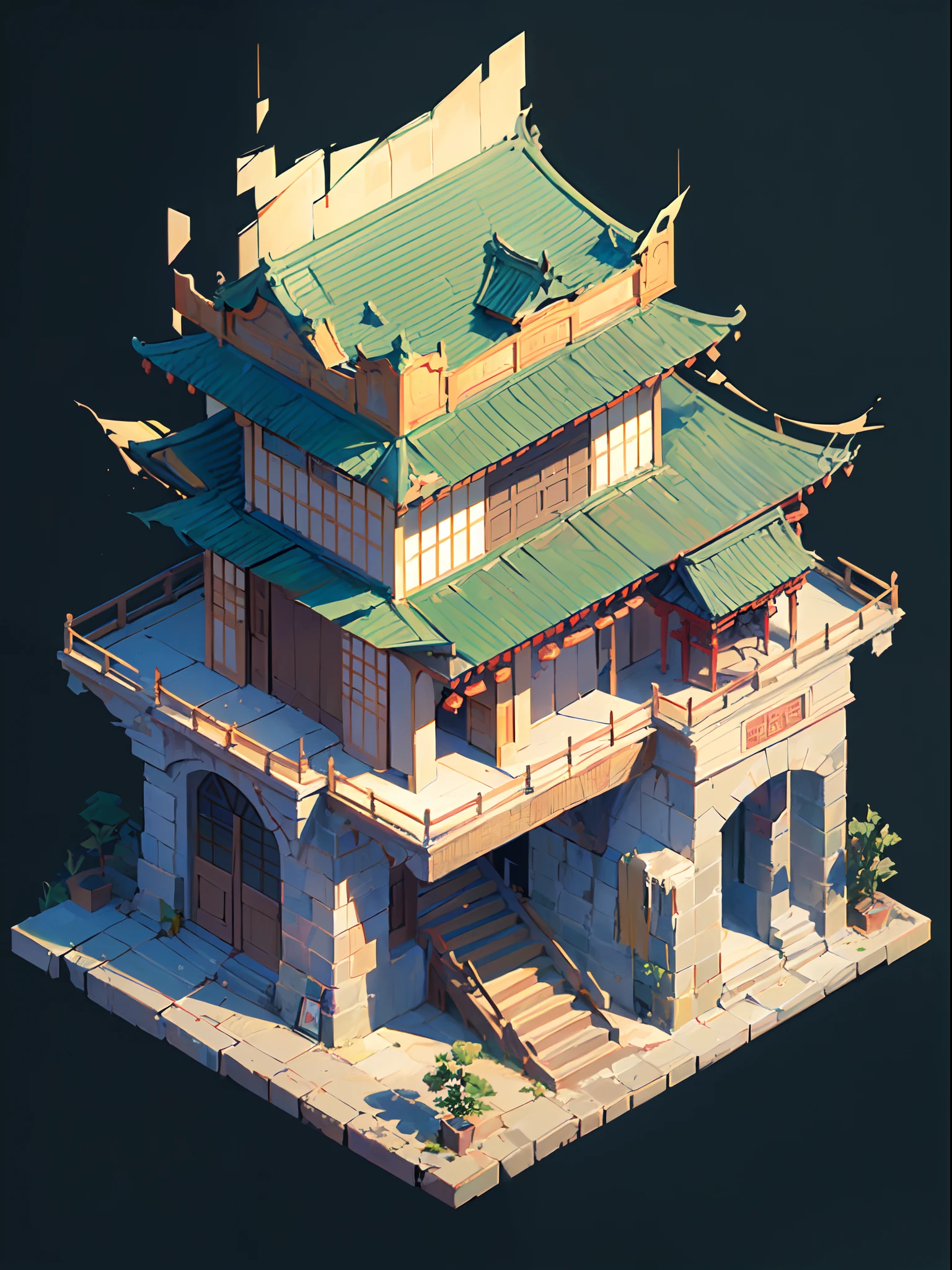 (isometry:1.5), (Masterpiece, Top quality, Best quality, offcial art, Beautiful and aesthetic:1.2),(16k, Best quality, Masterpiece:1.2),architecture, [:(Black background:1.5):40],Simple background,east asian architecture, (Simple background:1.5), scenery, No Man, stairways, Building, wall, Doorway building, stairways, Chinese architecture,(Another world:1.5),(Torn:1.5)