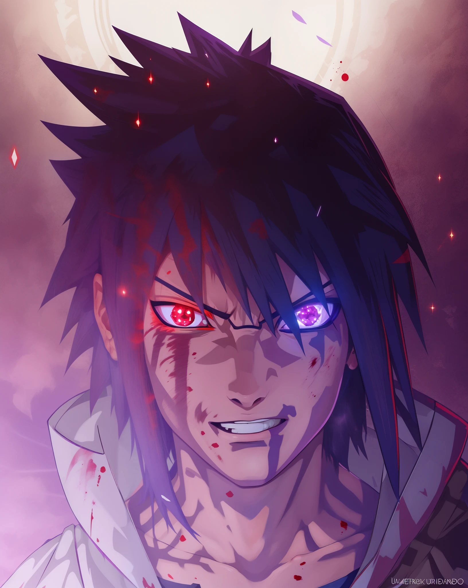 personagem de anime com olhos brilhantes e um cabelo preto, sasuke uchiha, badass anime 8 k, olho esquerdo vermelho e o direito roxo  brilhando,  your eyes are bleeding , his eyes are bright red and purple, Motor Unreal 5 , ......3d , olho sharigan e rinnegan