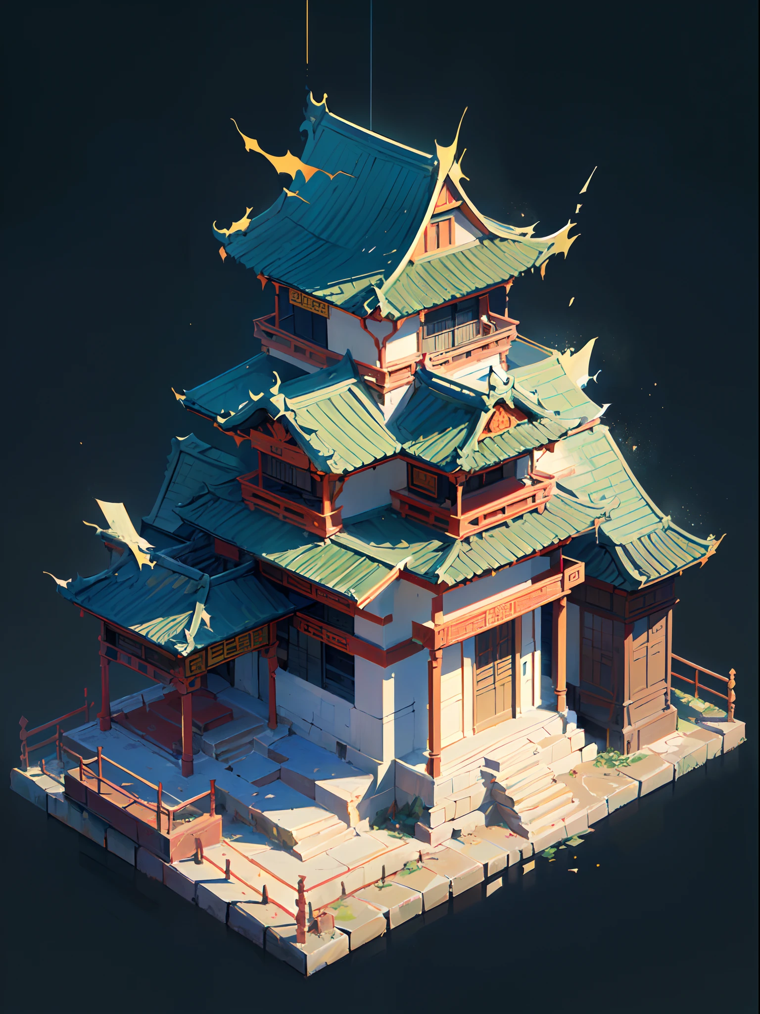 (isometry:1.5), (Masterpiece, Top quality, Best quality, offcial art, Beautiful and aesthetic:1.2),(16k, Best quality, Masterpiece:1.2),architecture, [:(Black background:1.5):40],Simple background,east asian architecture, (Simple background:1.5), scenery, No Man, stairways, Building, wall, Doorway building, stairways, Chinese architecture,(Another world:1.5),(Torn:1.5)